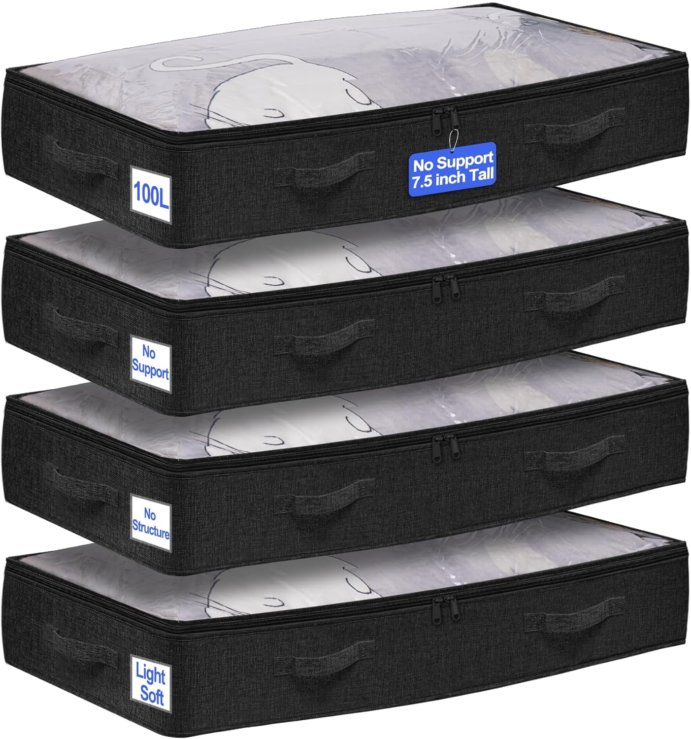 punemi Extra Large Under Bed Storage Containers (Non-Rigid) - 2-Pack, 20x40x7.5in Tall Storage Bins with Clear Lids - Ideal for Blankets, Comforters & Clothes - Long Storage for College Dorm Rooms