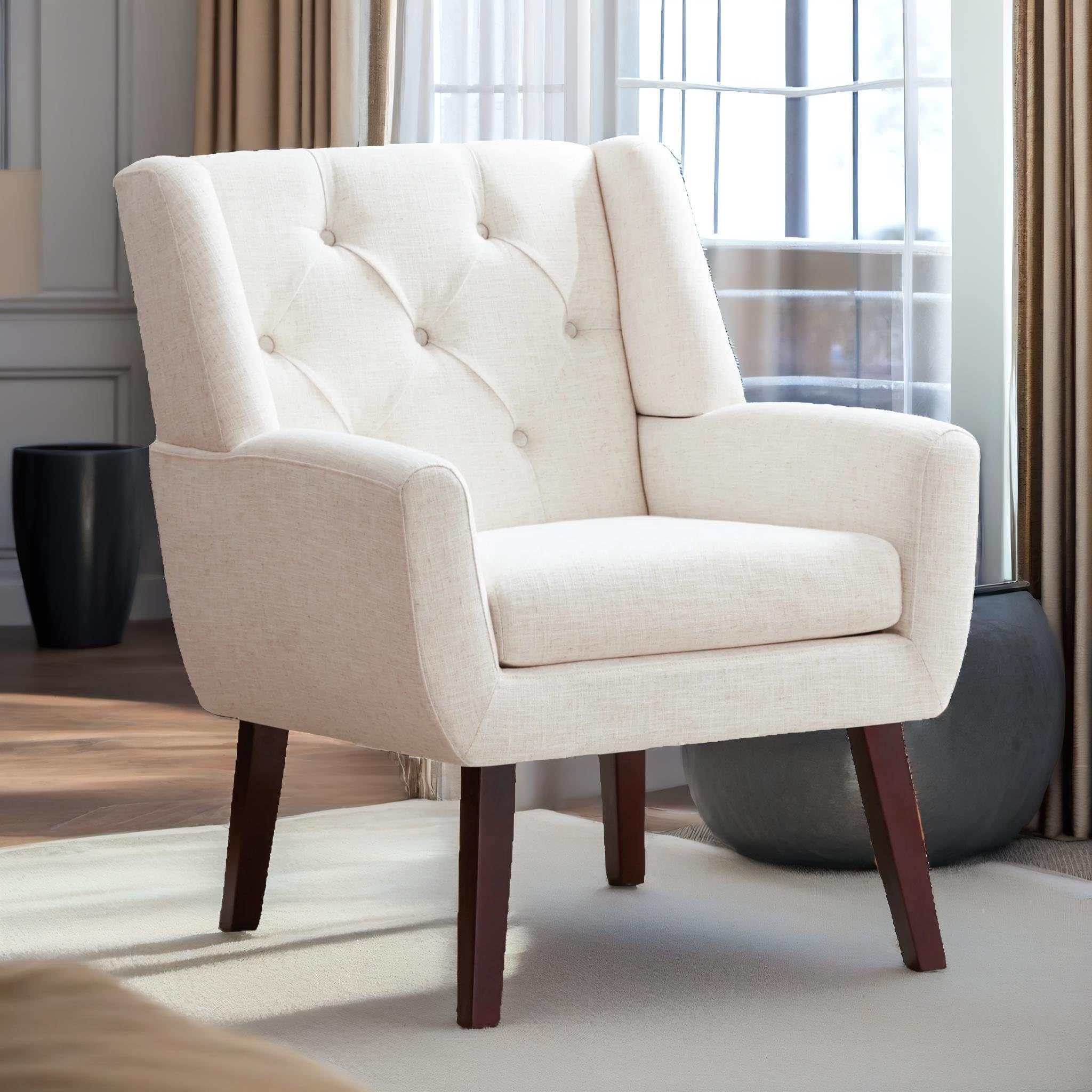HUIMO Accent Chair, Button-Tufted Chairs,Upholstered Reading Living Room Chair,Mid Century Modern Chair with Linen Fabric, Club Chair,Comfy Arm Chairs for Living Room,Bedroom,White