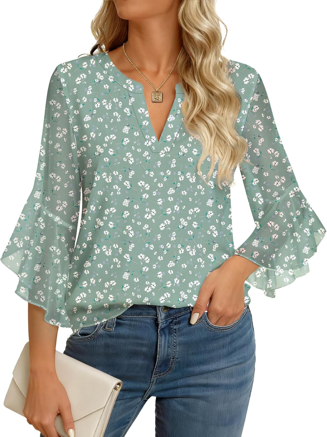 Womens 3/4 Sleeve Tops Dressy Casual Business Work Blouses Office Shirts