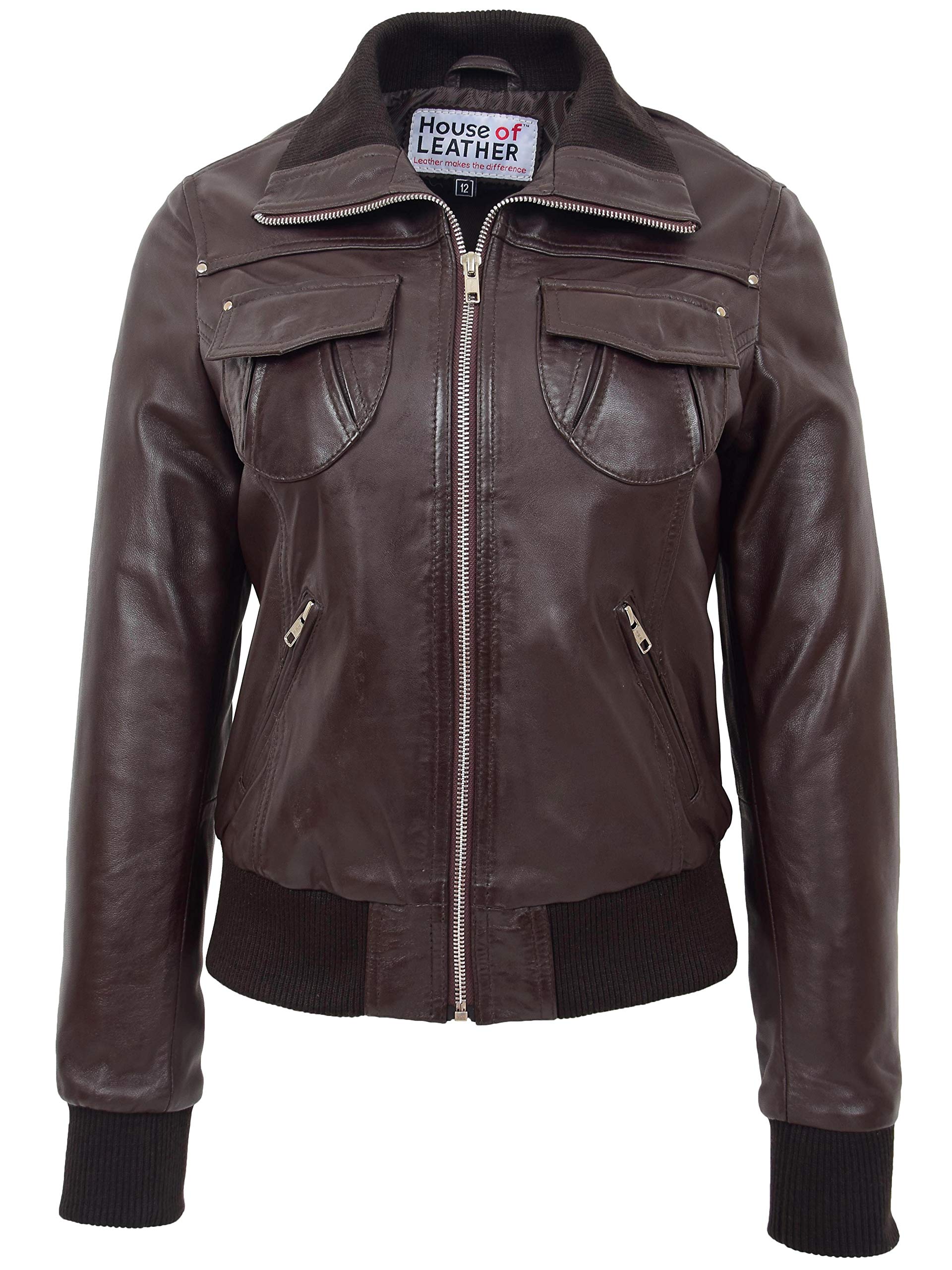 House Of Leather Women's Brown Real Leather Bomber Jacket Slim Fit Blouson Motto (14, )