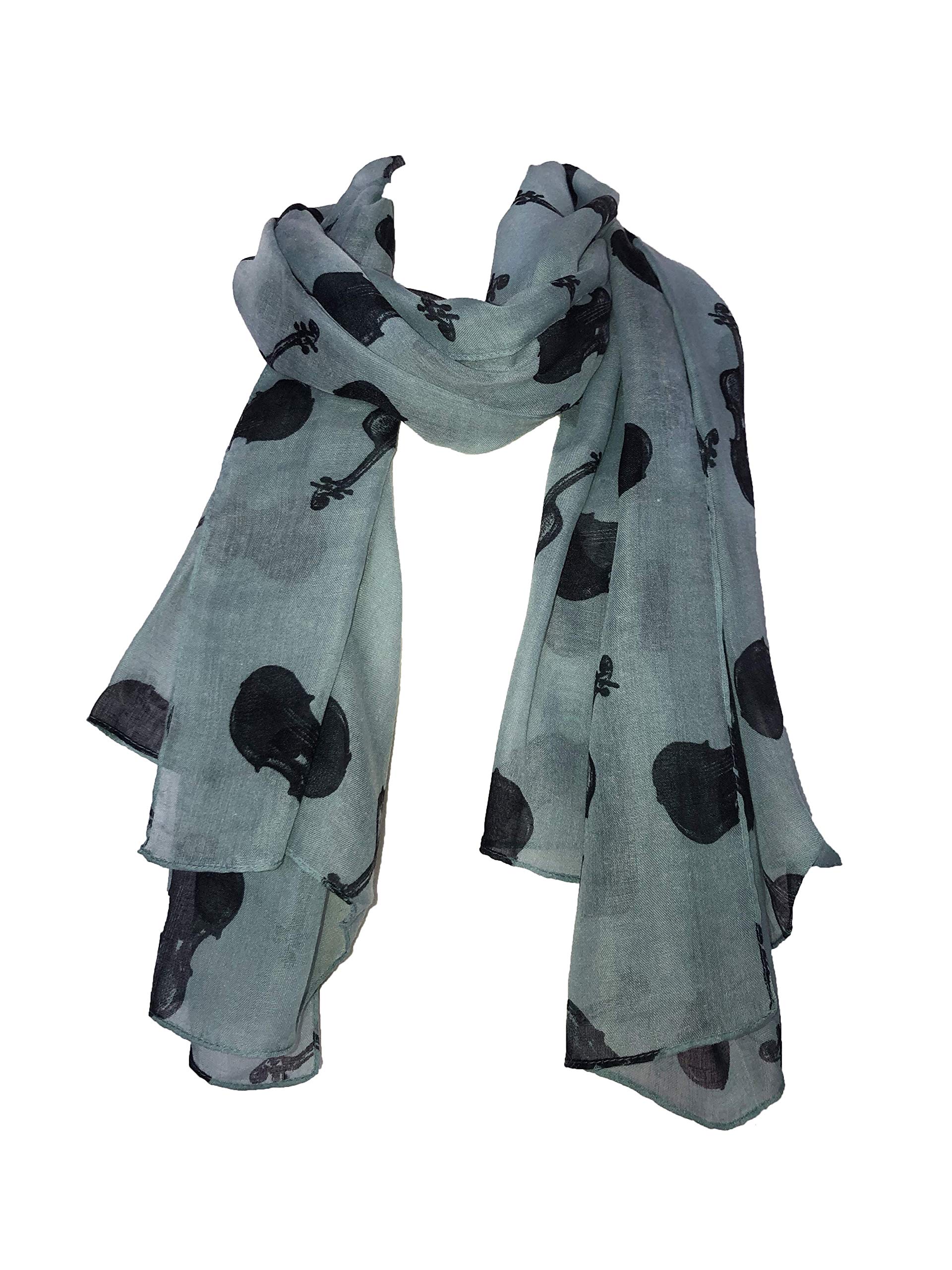 Pamper Yourself Now Women's Green With Black Violin Scarf Lovely Long Soft Scarf Fantastic Gift