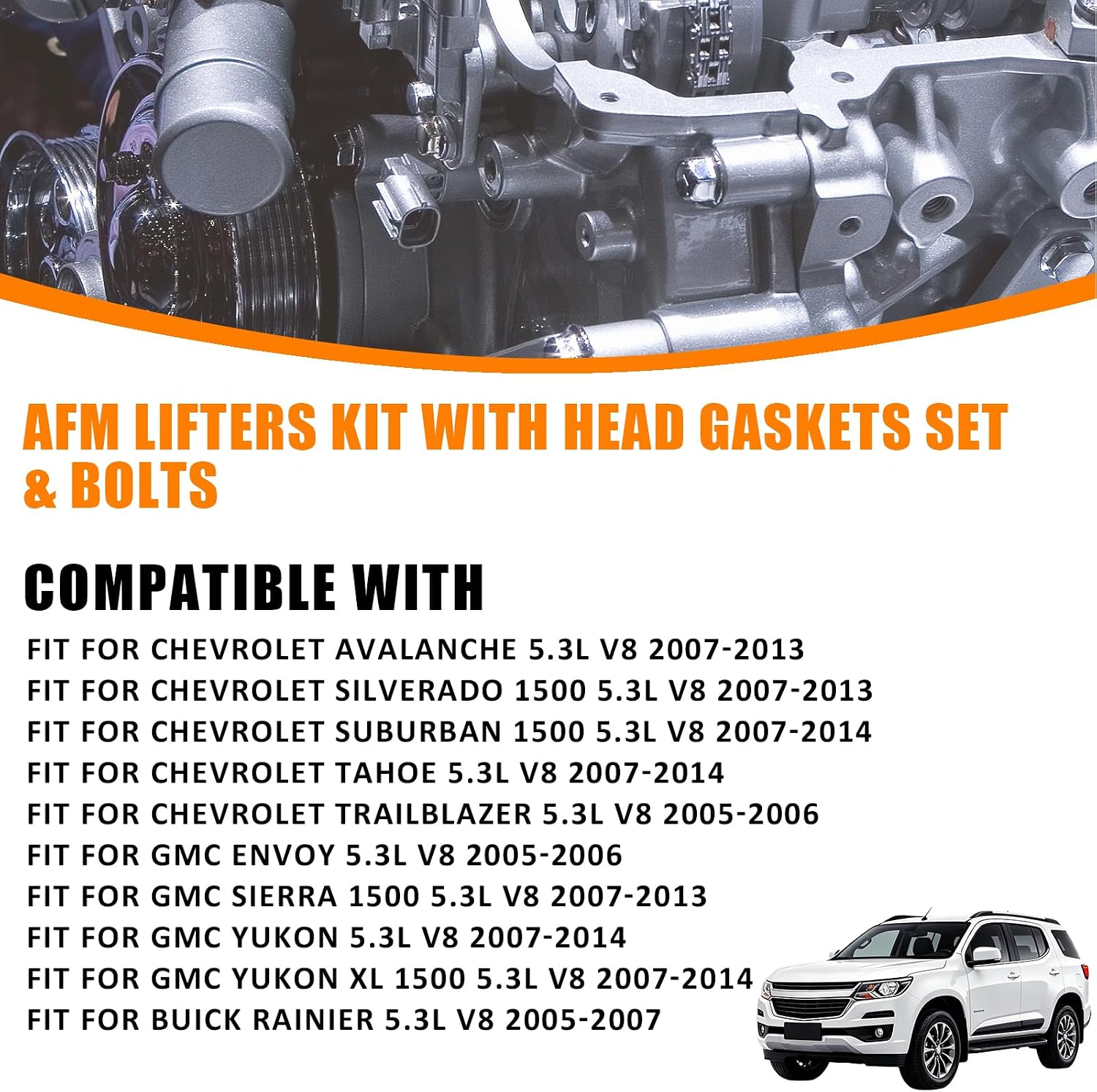 2007-2014 AFM Lifters Kit with Head Gaskets Set & Bolts Fits for Chevrolet Avalanche Silverado Suburban Tahoe Trailblazer Gmc Envoy Sierra Yukon XL Buick Rainier 5.3L