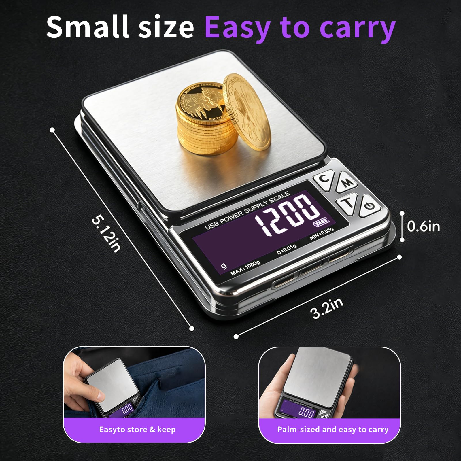 Báscula de monedas, báscula de joyería de 1000 g x 0,01 g con 7 unidades y 3 interfaces de carga, báscula digital portátil de bolsillo para coleccionistas de monedas, joyeros, oro, dólar plateado