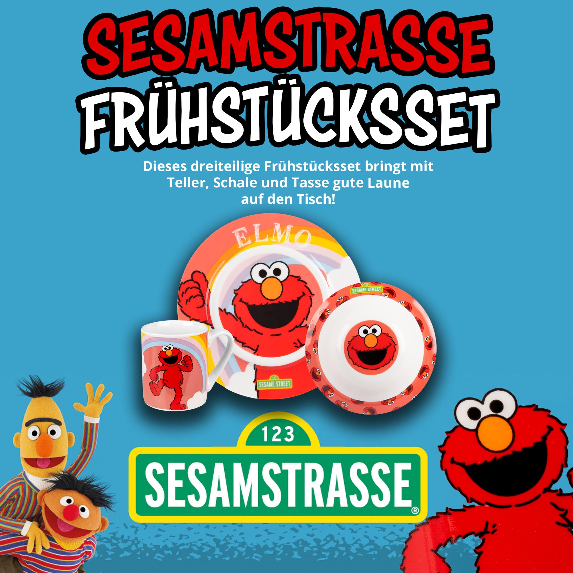 United Labels Elmo Frühstücksset Kinder, mit Elmo, Geschirr Set Porzellan, 3-teilig mit Teller, Schale und Tasse, spülmaschinenfest und mikrowellengeeignet