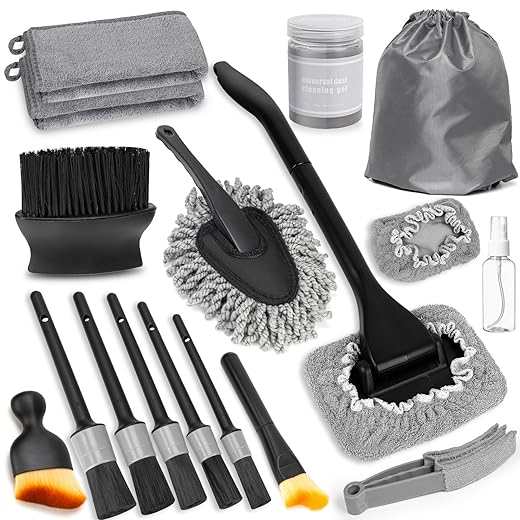 Windshield Cleaner Tool, 18Pcs Car Interior Detailing Brush Set, Inside Windshield Cleaning Kit with 2 Microfiber Pads, Duster Brush, Cleaning Gel, Car Detailing Supplies for Women & Men