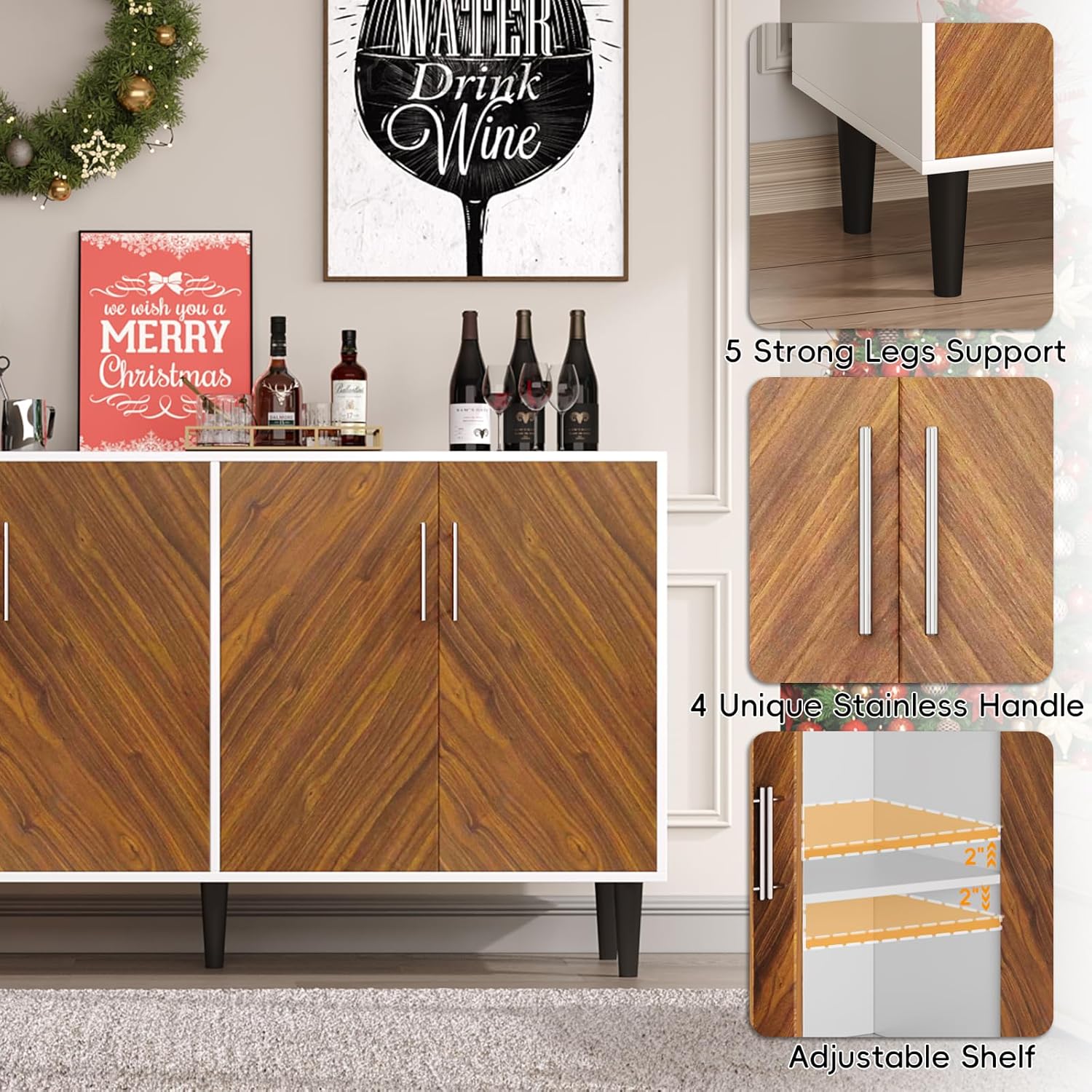 4 EVER WINNER Coffee Bar Cabinet with Storage, 58" Buffet Cabinet with 4 Doors & Adjustable Shelf, Credenza Storage Cabinets, White