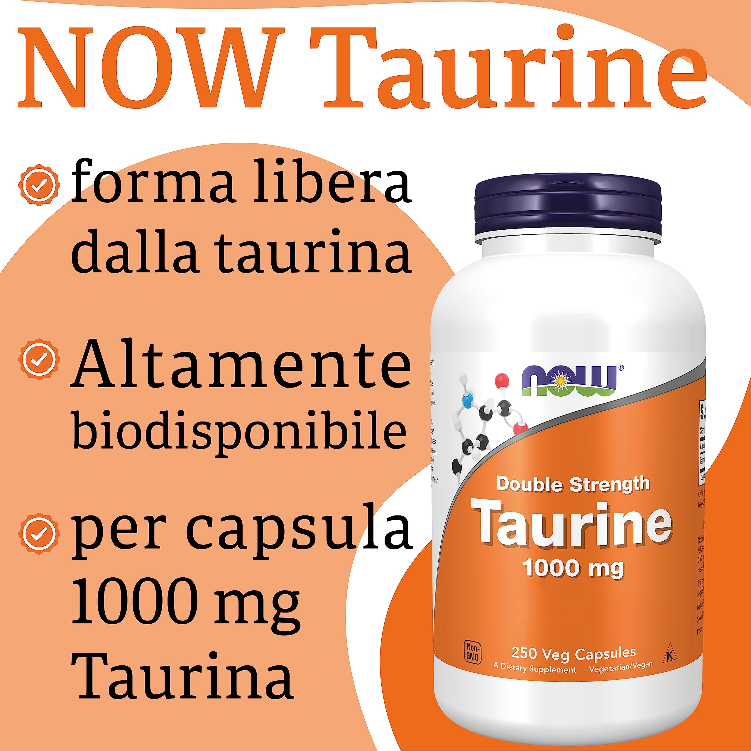 Now Foods, Double Strength Taurine, 1000mg, 250 capsule Vegan, Testato in Laboratorio, Senza Glutine, Senza Soia, Senza OGM, Vegetariano