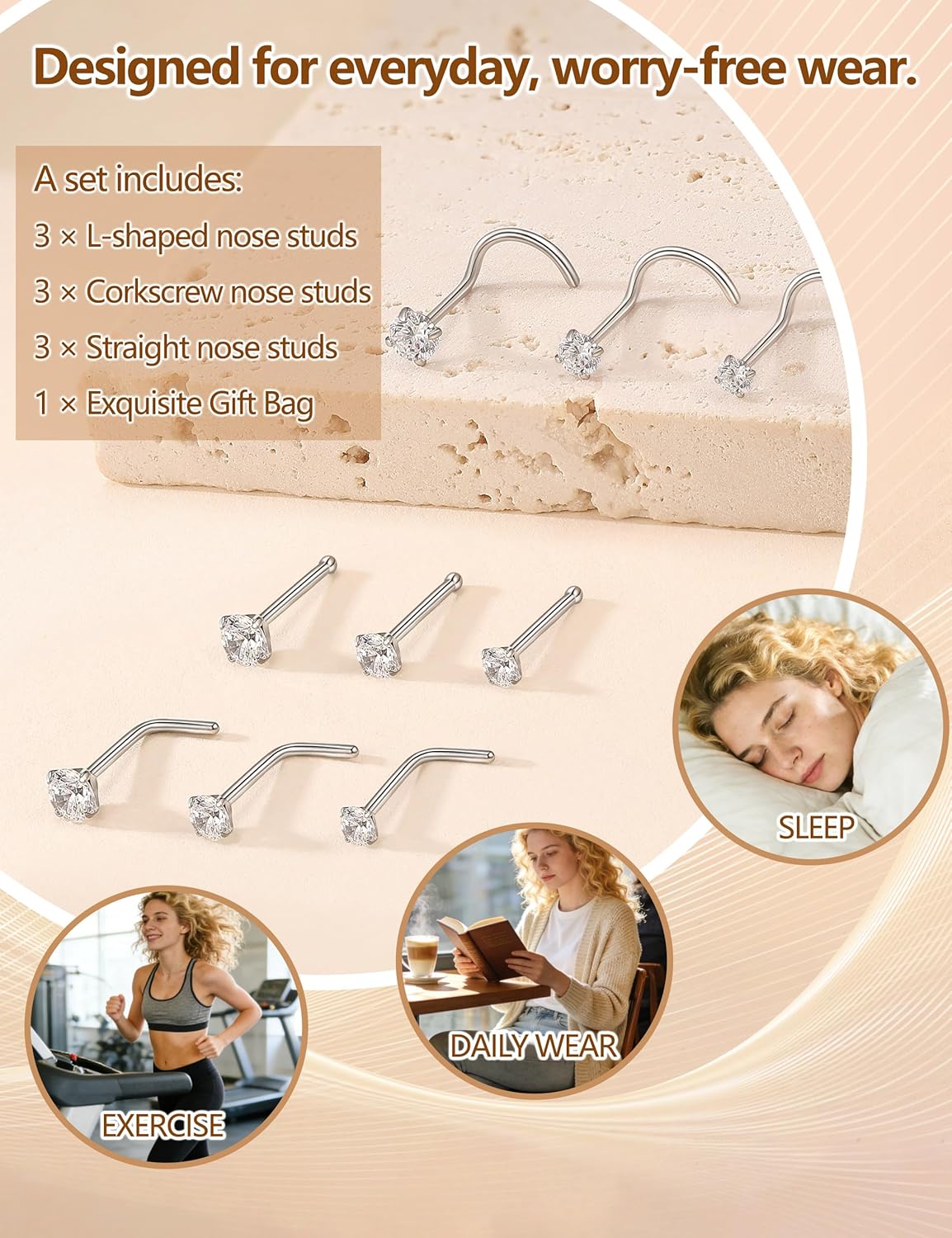 9 Pcs Titanium Nose Rings Studs Set, 20G Nose Studs for Women Men Sensitive Skin - L Shaped & Straight & Corkscrew Nose Rings for Women, 2mm-3mm Diamond CZ Nose Ring Stud, Nostril Nose Piercing Jewelry - Image 7