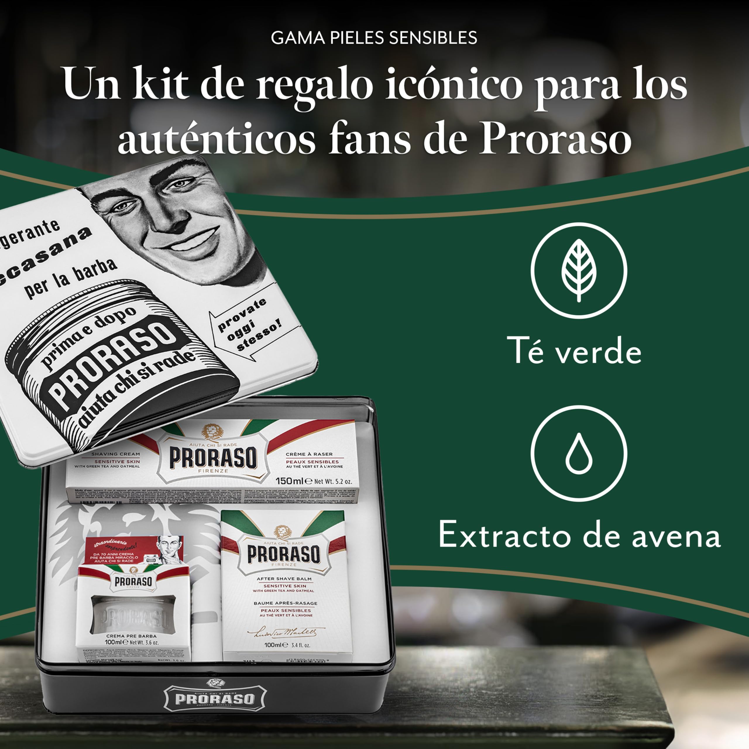Proraso Vintage Selection, Gama Pieles Sensibles (pack trío), kit de cuidado barba de lujo con crema de preafeitado, jabón de afeitar en tubo y bálsamo para después del afeitado, Made in Italy