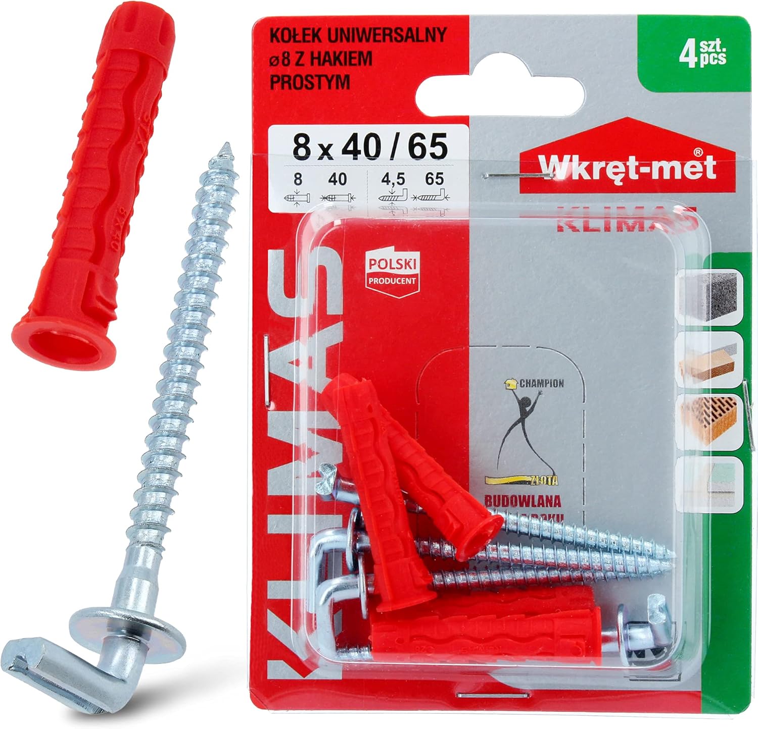 KLIMAS® UniversalDübel Ø 8 x 40 mm Rot & Gerade Schraubhaken mit