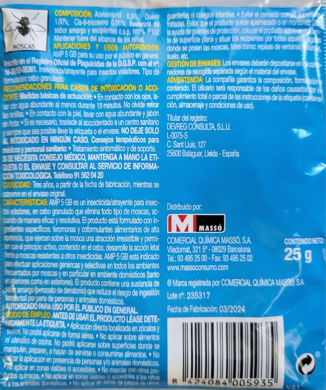 Peyca Cebo granulado para Moscas AMP 5GB 25gr - Preben Masso. Elimina Todo Tipo de Moscas. Atrayente alimenticios y feromonas. (6 Unidades)