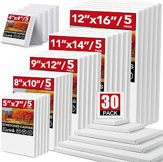 ESRICH 30 Pack Pre-Stretched Canvas for Oil Acrylic Painting - Assorted Sizes 4x4" 5x7" 8x10" 9x12" 11x14" 12x16" Primed Art Canvases