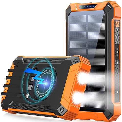 GOODaaa Power Bank Wireless Charger 36000mAh Built in 4 Cables Six Outputs 15W Fast Charging Power Bank for All Mobile Devices Three Inputs Solar Portable Charger with Dual Flashlights, Carabiner - Orange