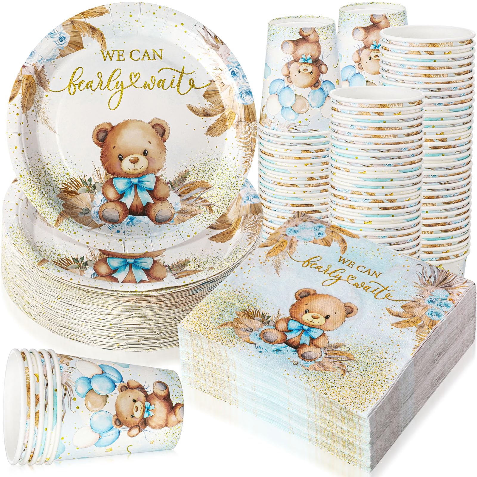 Ziliny Lot de 200 décorations de fête prénatale en forme d'ours bleu « We Can Bearly Wait » - Assiettes en papier, serviettes, tasses, fournitures de bibliothèque, lecture, club, décoration de table