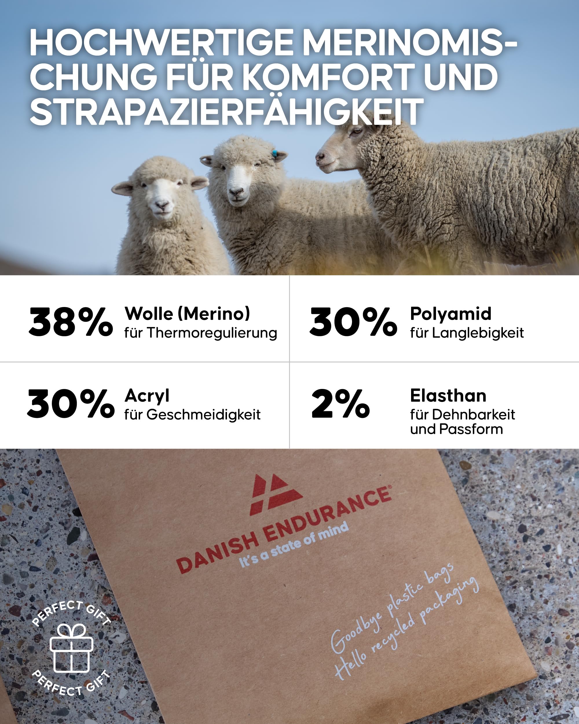 DANISH ENDURANCE Kurze Merinowolle Wandersocken, Arbeitssocken, Merino Socken, Funktionssocken, Atmungsaktiv, Leicht Gepolstert, Herren & Damen, 3 Paar