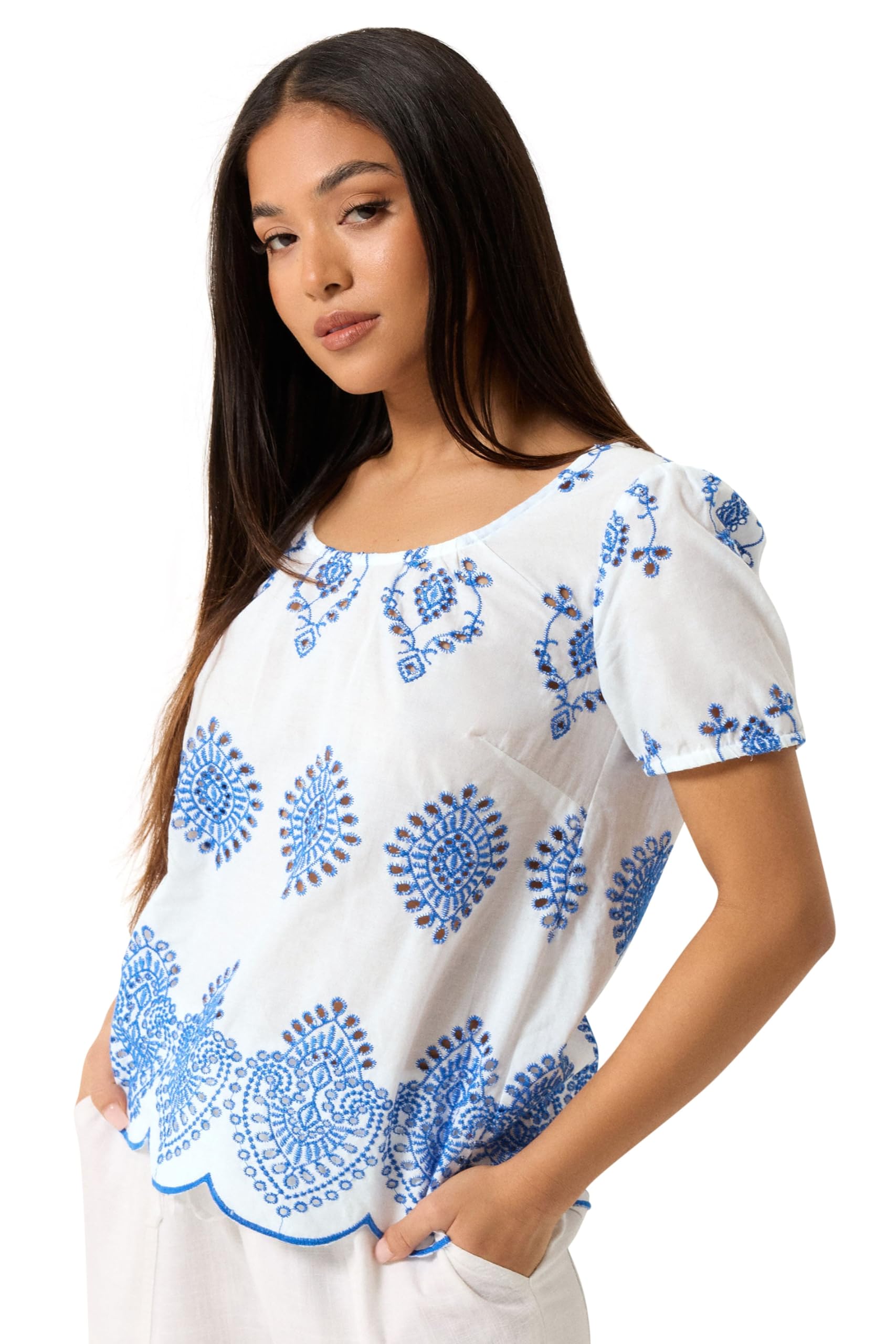 M&Co Women's White Petite & Blue Broderie Cotton Top