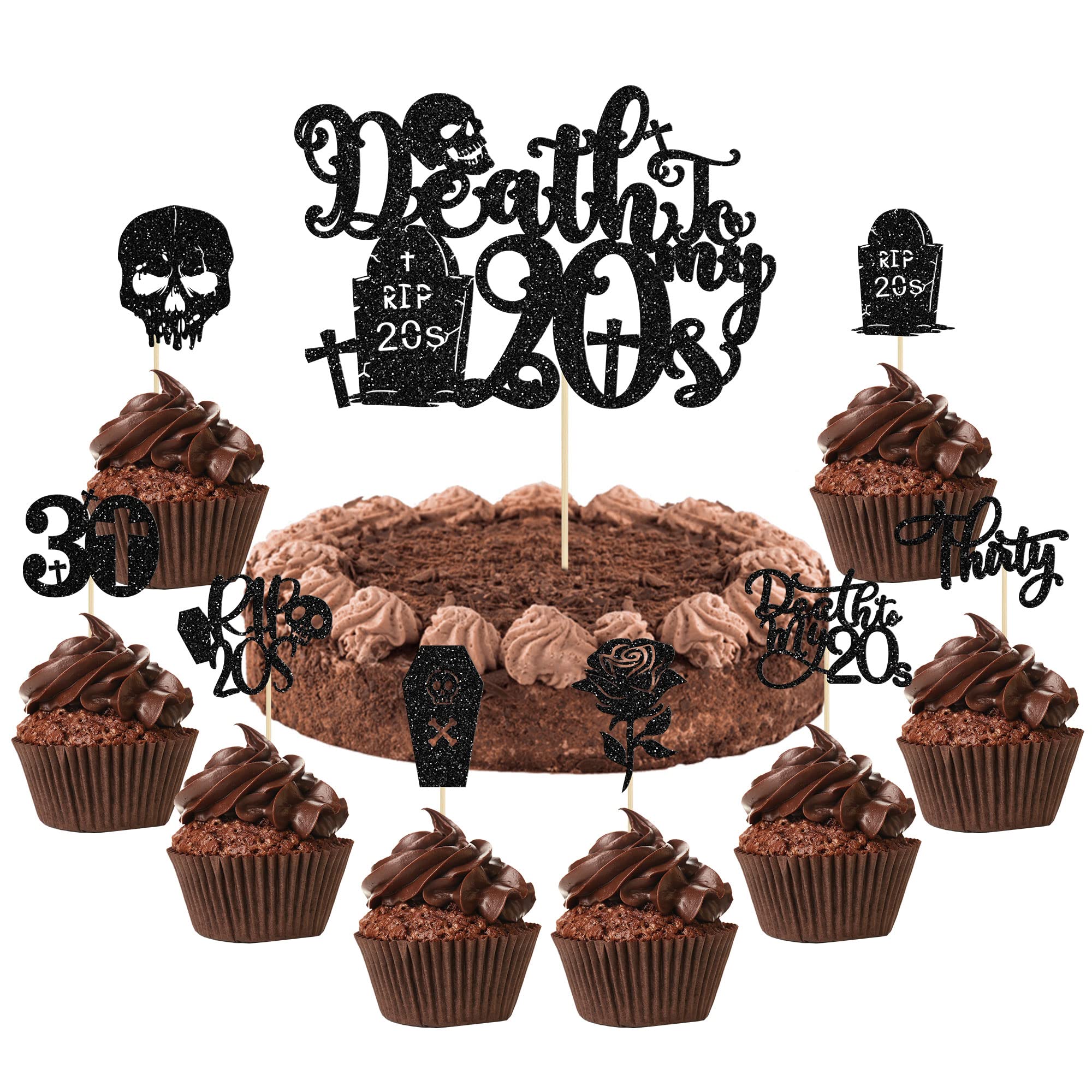 Ephlyn 25 Pack Death to My 20s Cake Topper RIP 20s Cupcake Toppers Glitter Rip 20s Cupcake Picks Death to My Twenties Funeral Cake Decorations for Rip to My 20s Youth 30th Birthday Party Supplies