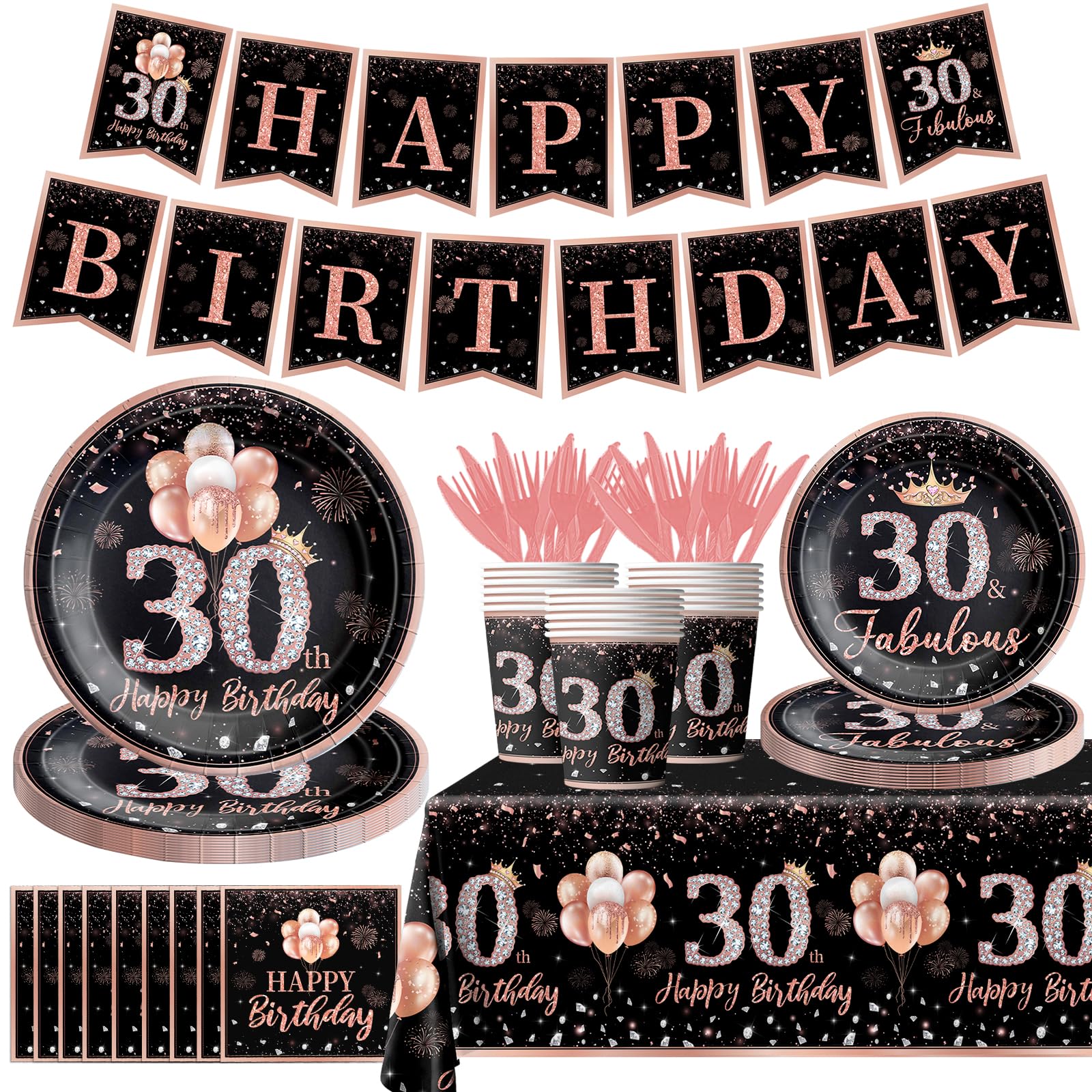 142Pcs 30th Birthday Tableware Decorations for Women Rose Gold Happy 30 Birthday Party Supplies for Her Disposable Tablecloth,Plates,Napkins,Cups,