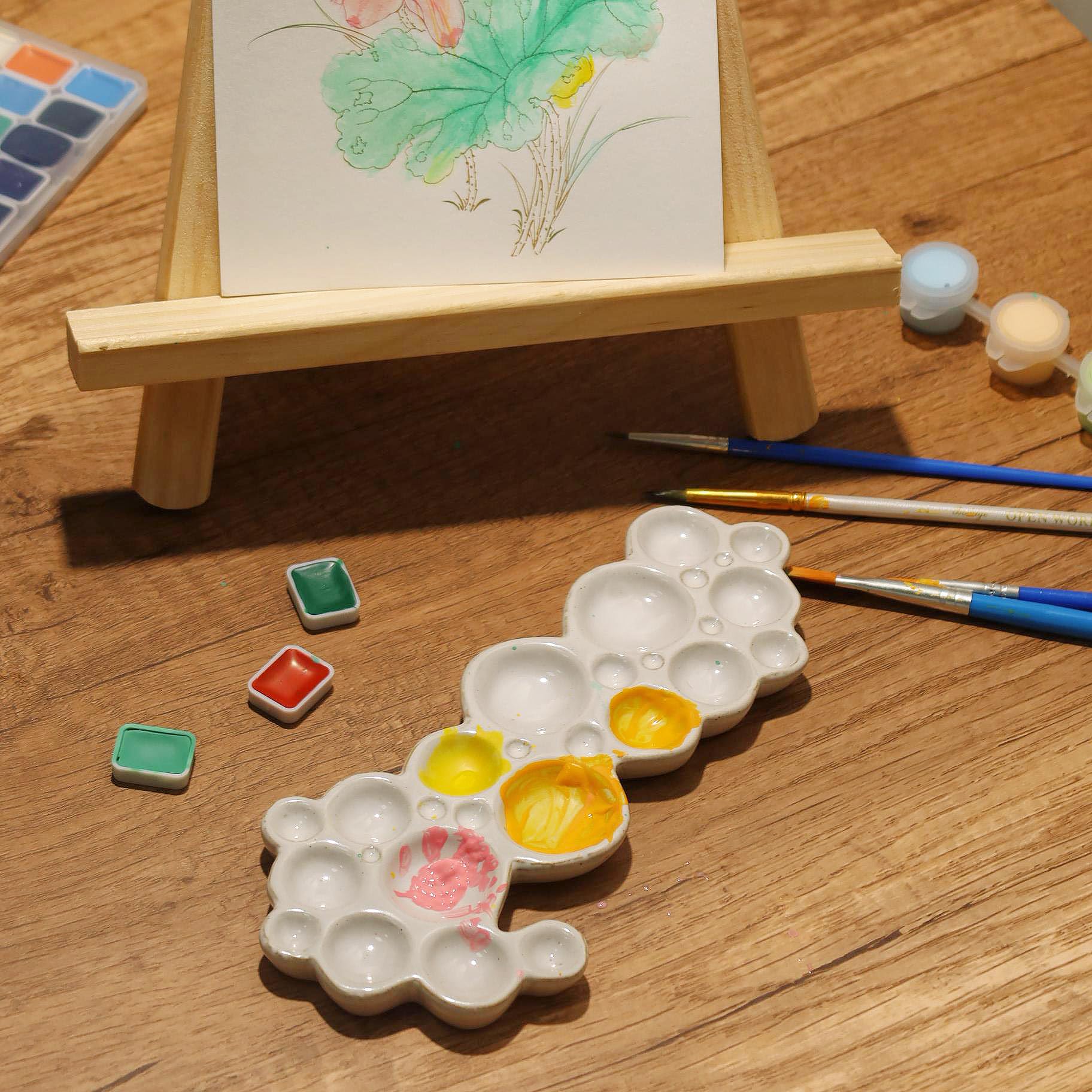 Paleta de pintura de cerámica, bandejas de acuarela portátiles para artistas, paleta de mezcla de porcelana fácil de limpiar con tapón para el pulgar, diseño único en forma de burbuja para adultos,