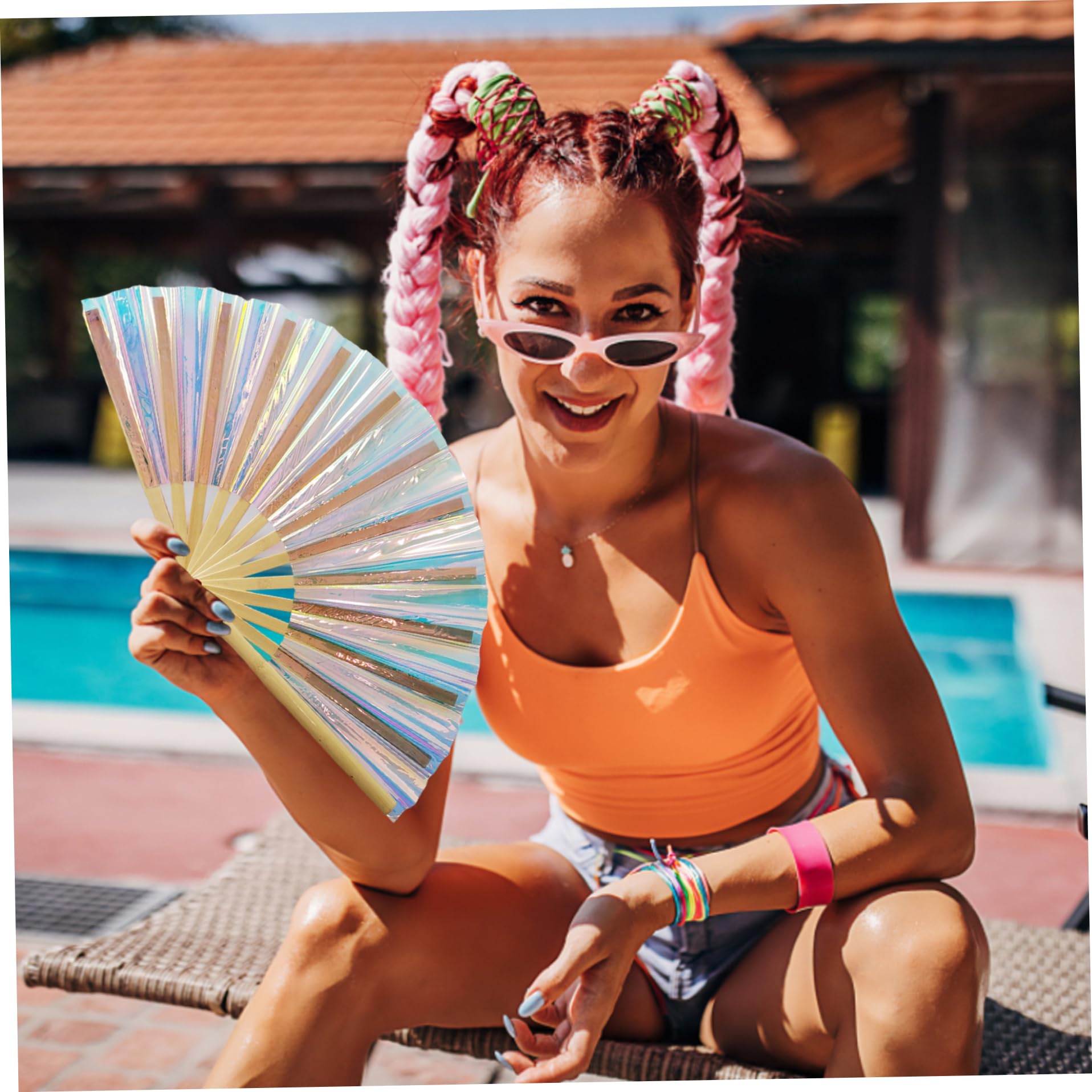 Holografische Handfächer, faltbar, glänzender Rave-Fächer mit Effekt, schillernder Festival-Handfächer für Männer und Frauen, Festival-Outfit-Zubehör