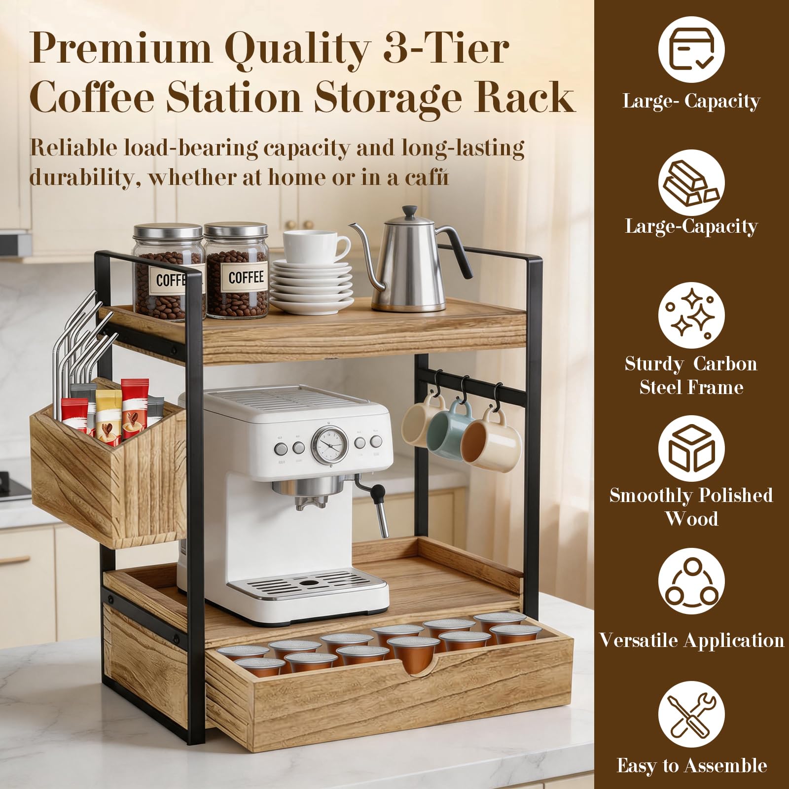 Organizador de estación de café, organizador de barra de café de 3 niveles con cajón de cesta y ganchos para tazas, accesorios de barra de café de madera, organizador de estante de almacenamiento para