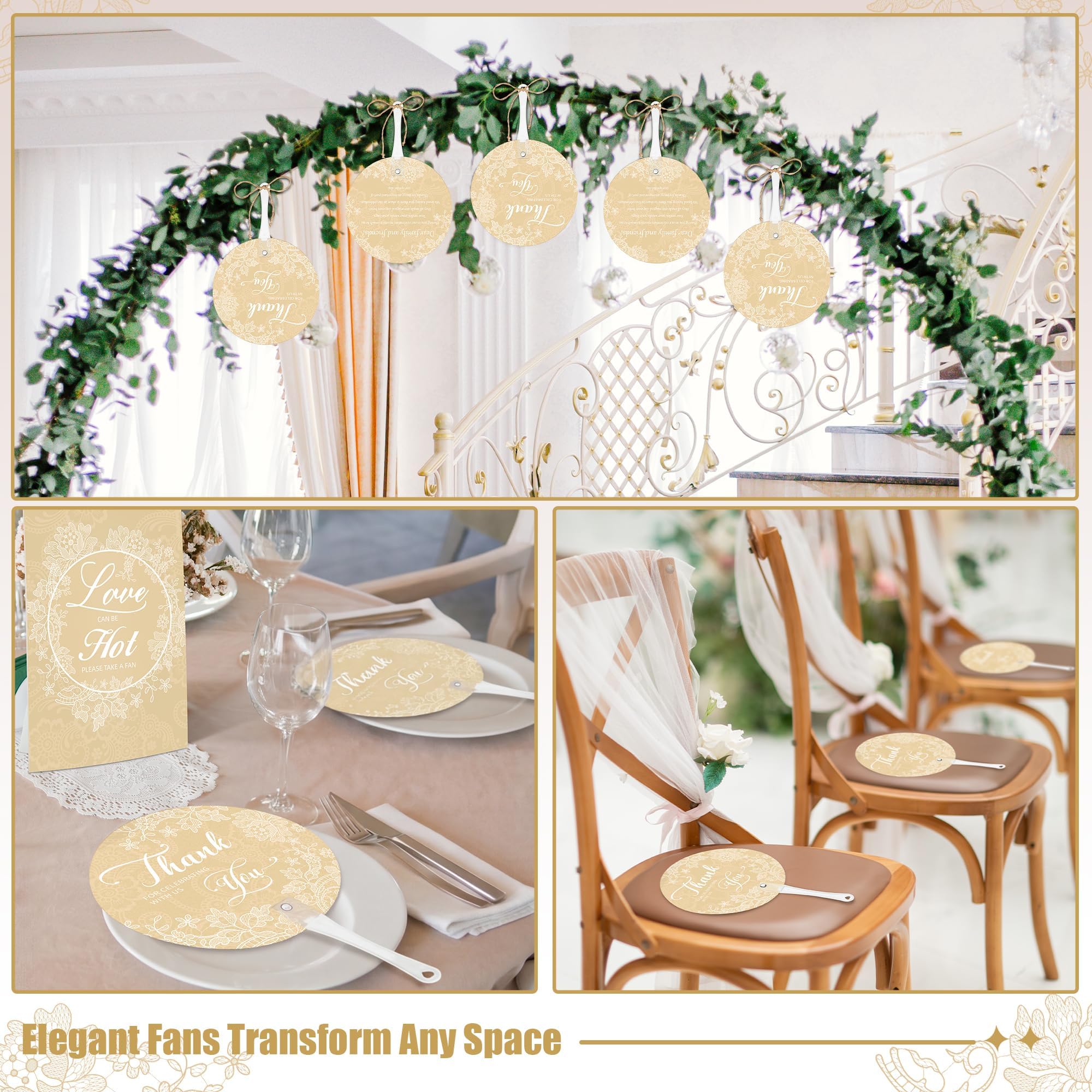 Aneco 120 Stück Hochzeit Handfächer Bulk mit Tischschild Kunststoff Fächer mit Griff Handheld Hochzeit Favor Fans für Zeremonie Brautparty Party Supplies Weiße Spitze