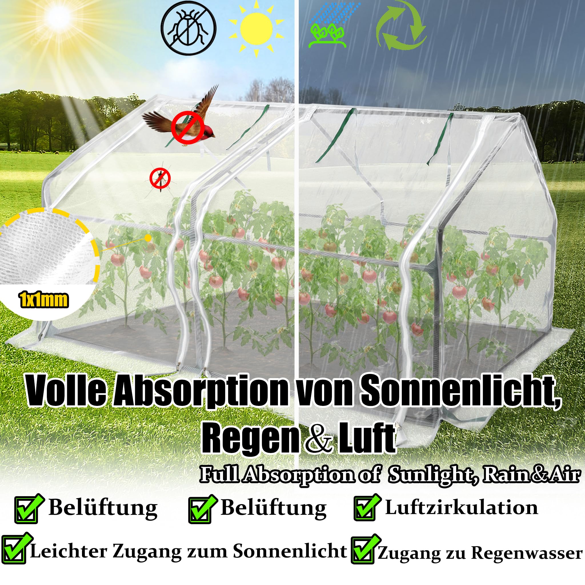 ACXIN Gewächshaus, Foliengewächshaus Tomatenhaus Frühbeet, Niedrig, Spitzdach, Insektenabweisend und Atmungsaktiv, Pflanzenhaus für den Tomaten Gemüse 180 x 90 x 90 cm, Weiß, ASN-(HAG8604C)