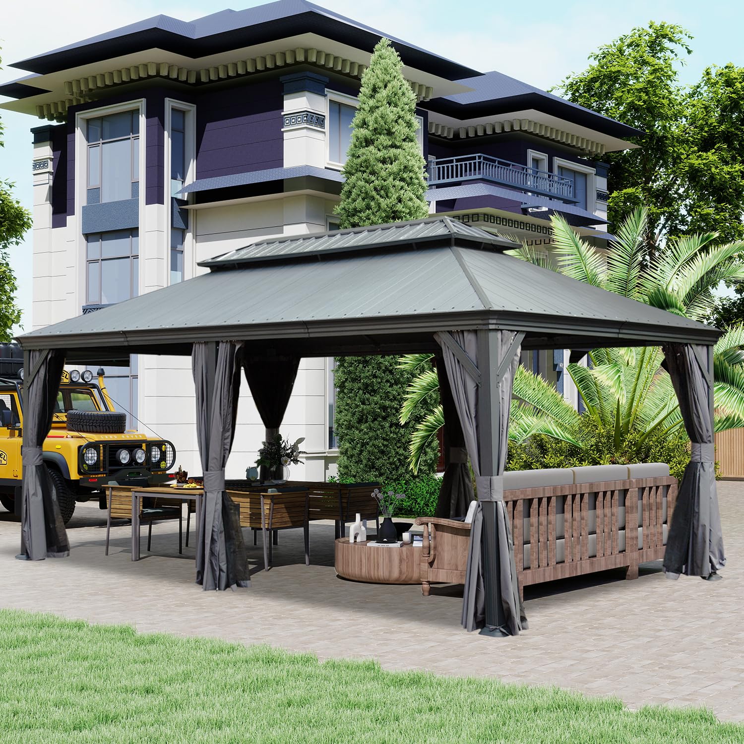 (( incomplete only 2 boxes )) Domi 12’x20’ Hardtop Gazebo with Resin Roof, Outdoor Metal Gazebo with Drainage Gutters, Permanent Heavy Duty Pavilion for Patio, Backyard and Deck, Curtains and Mosquito Netting Included