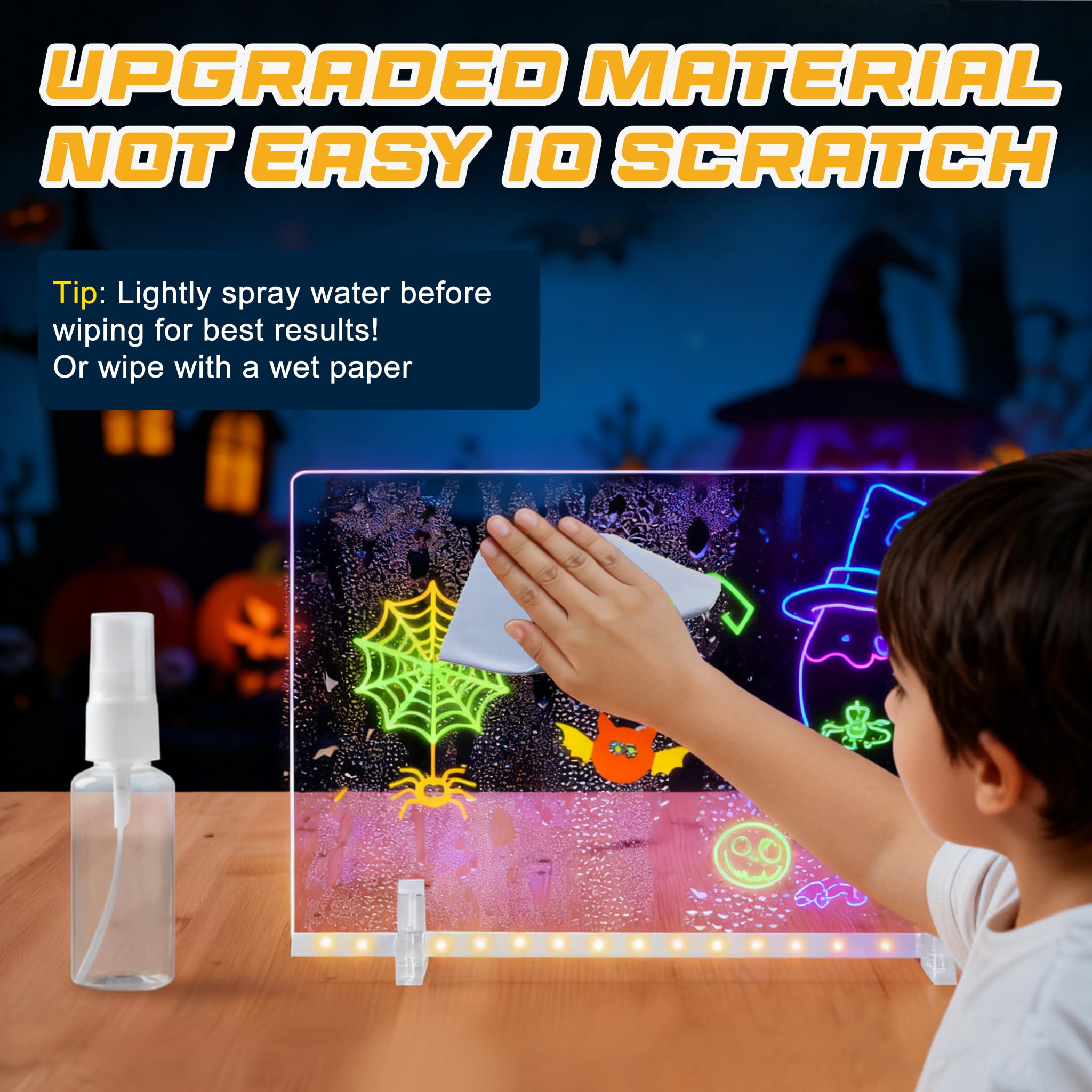 Tablero de notas LED con colores, tablero acrílico de borrado en seco incluye adaptador, cadena colgante, tablero de dibujo LED para niños con soporte, 7 marcadores, botella de spray 4
