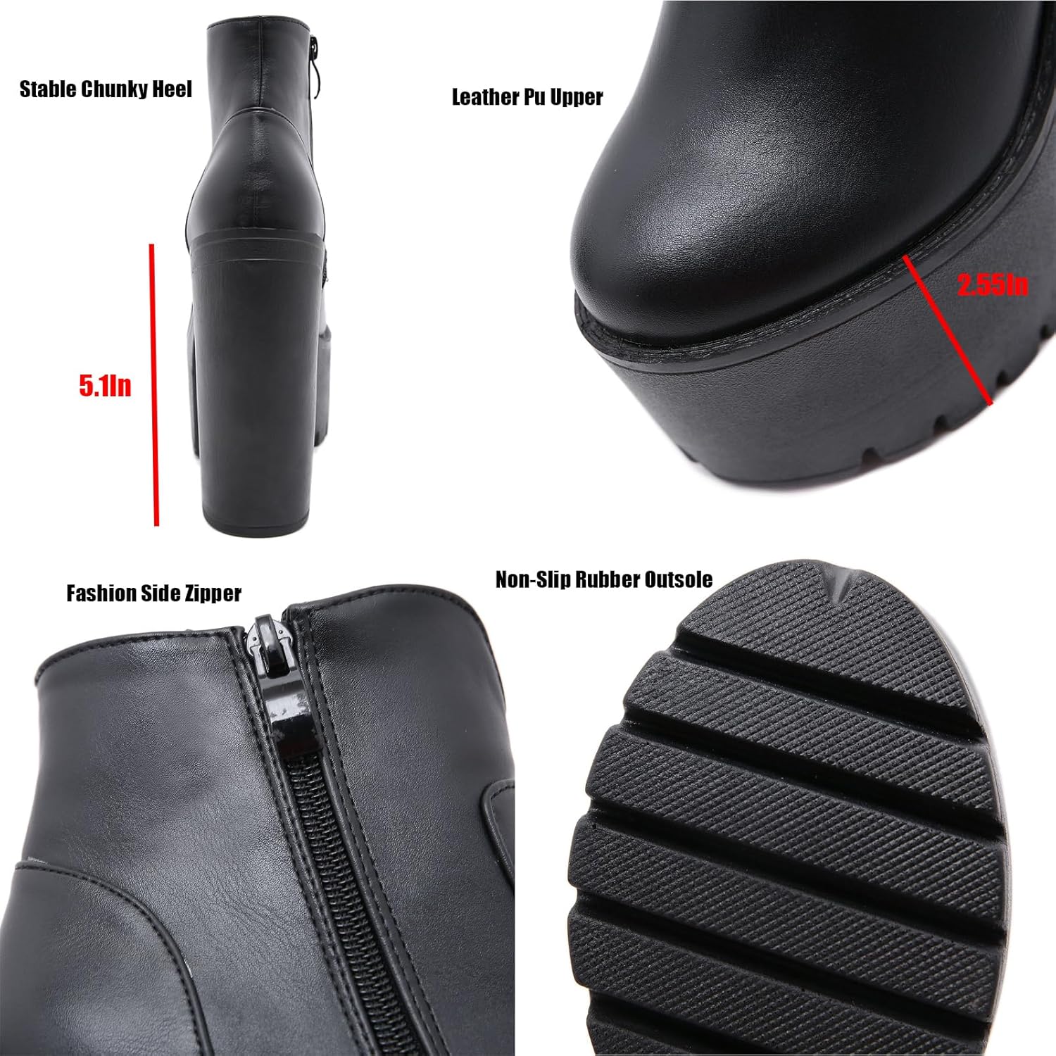 Women'S Leather Round Toe Platform High Chunky Heel Ankle Boots Fall Winter Fashion Side Zipper Lug Sole Block Heels Sock Boots Comfort Dress Party Bootie Shoes