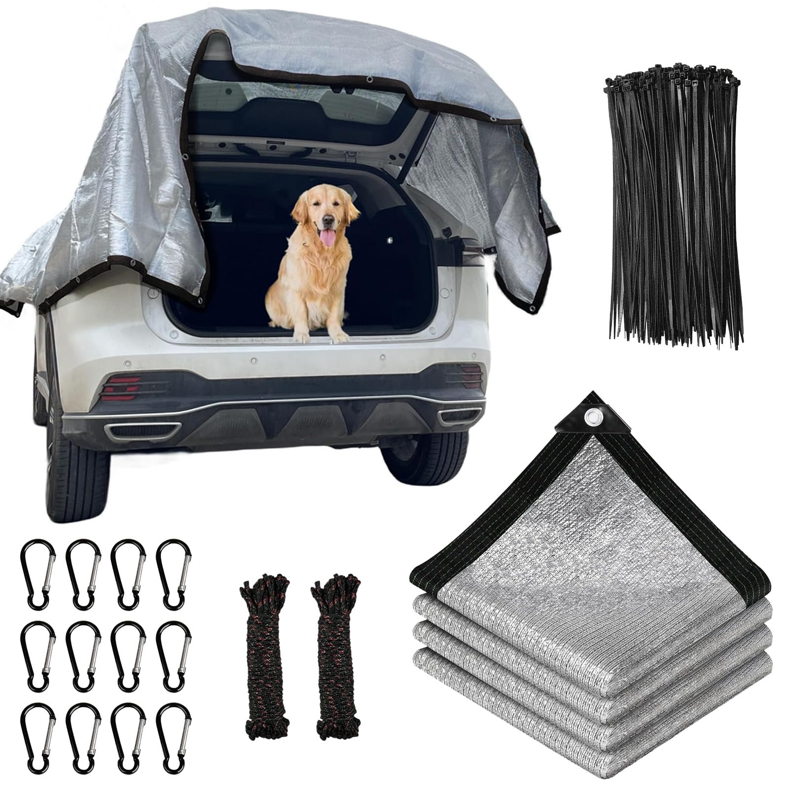 Rete Ombreggiante per Cani,Rete Ombreggiata 3x4m,Telo Ombreggiante Alluminio,Retes Ombreggiantes per Auto,Retes Telo Ombra con Occhielli,Adatto per Auto,Suv,Caravan,Strada,Campeggio