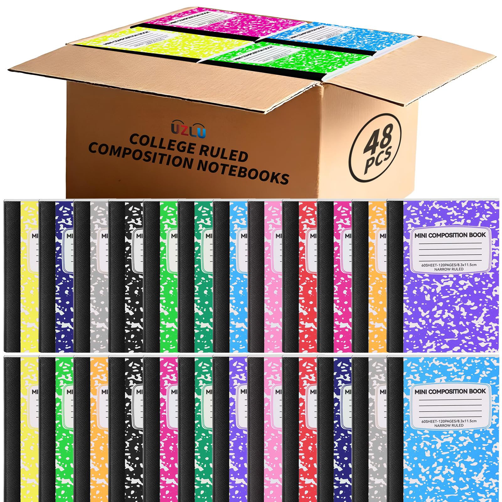 Confezione da 48 mini quaderni di composizione, graziosi libri di composizione, piccoli quaderni a righe strette per bambini, studenti, università, ufficio, diario tascabile in marmo, 12 colori 11,4 x