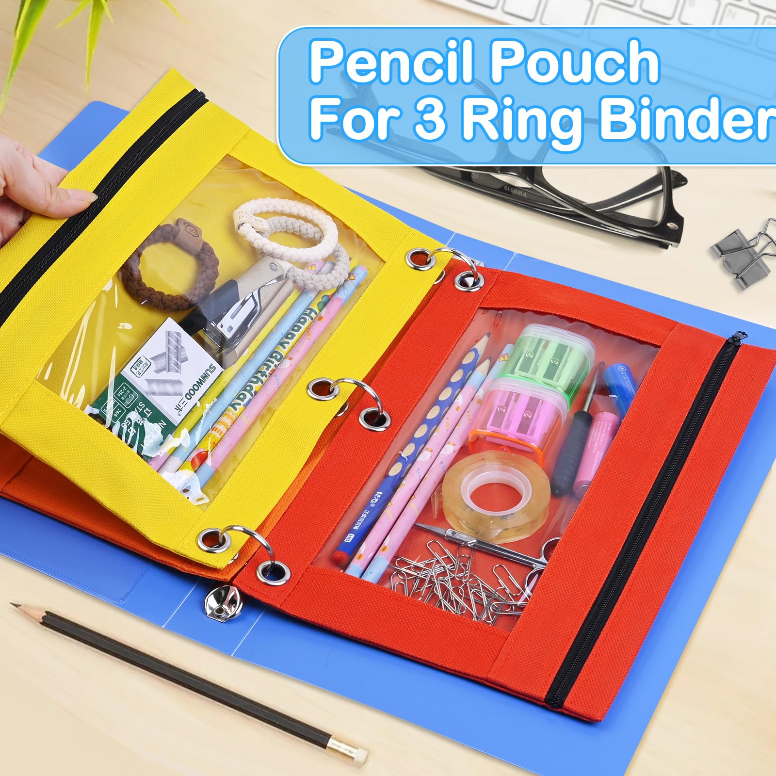 SpringFlower Federmäppchen für 3-Ringbinder, Federmäppchen in 6 verschiedenen Farben, glatter Reißverschluss, für Schule und Büro, mit transparentem Fenster, 72 Stück