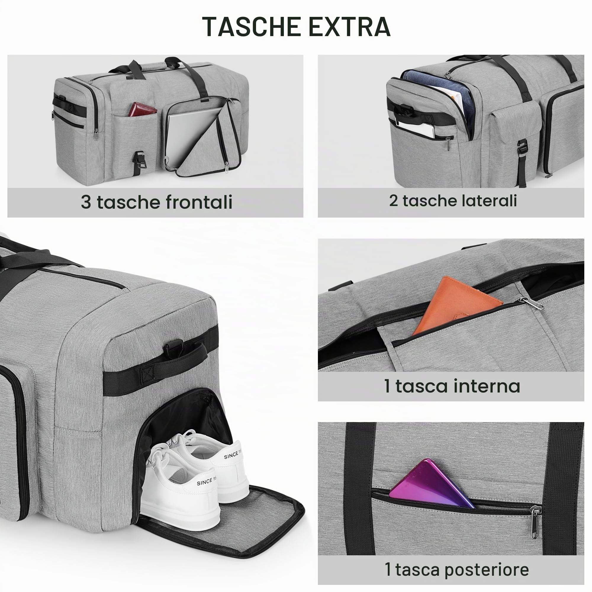 120L Borsone da Viaggio Pieghevole per Uomo e Donna, Grande Borsa Palestra con Scomparto per Scarpe, Borsa Sportiva Leggera e Impermeabile, Grigio