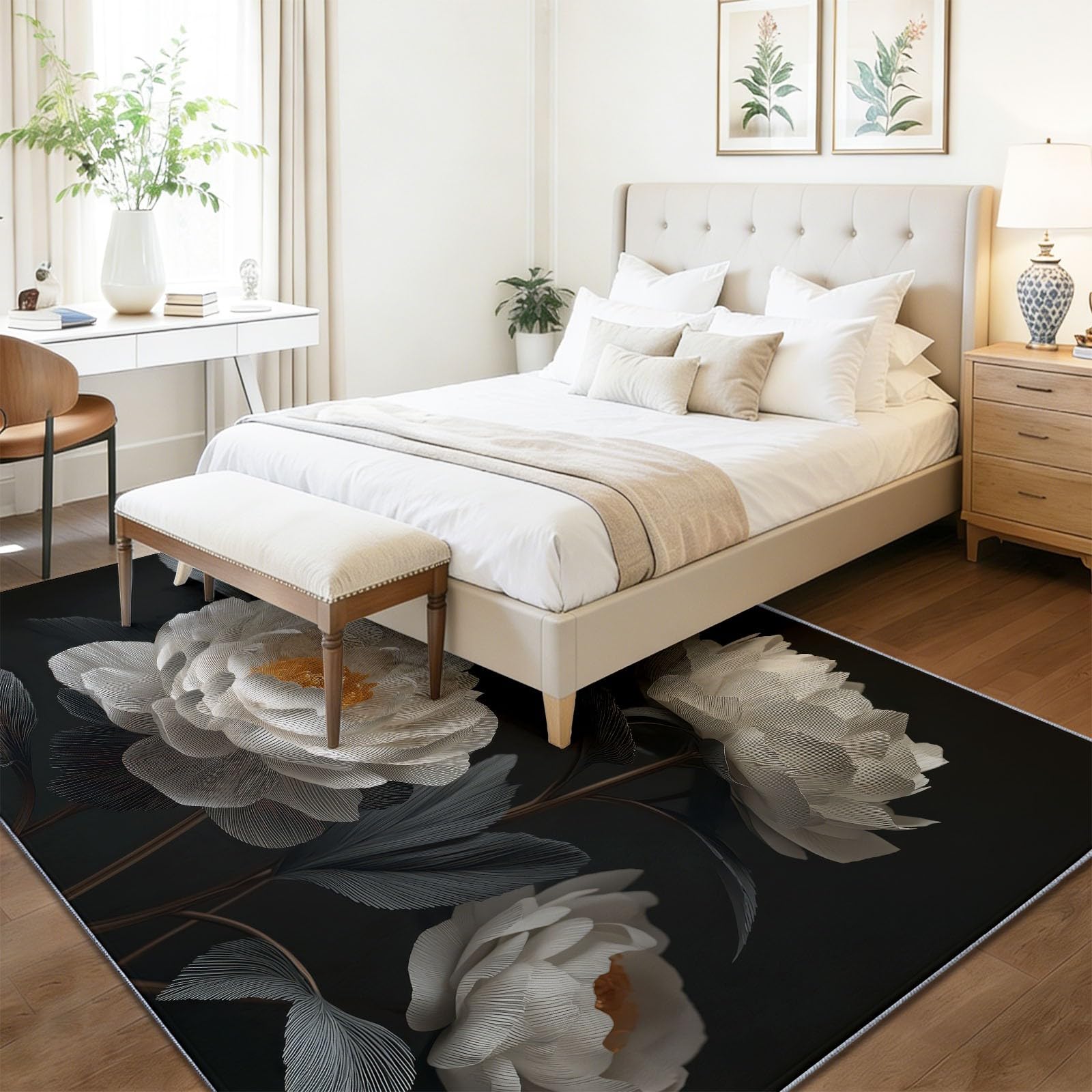 Dywan o powierzchni roślin, 80 x 150 cm, miękki dywan, biała piwonia, kwiat, zmywalny, do salonu, na sofę, przy łóżku, do mieszkania, powitalna mata wejściowa