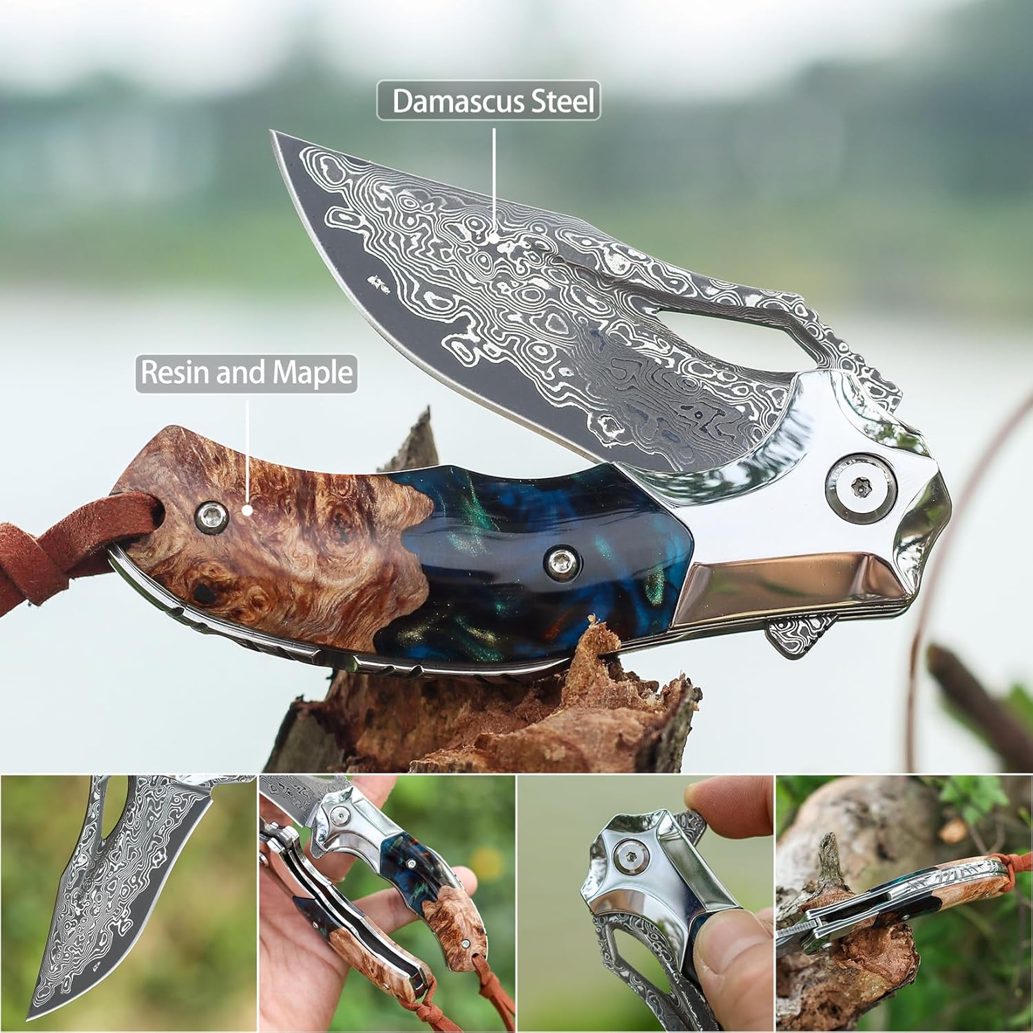 VNLA Damascus Pocket Knife Folding knife, Handmade Forged VG10 Damascus Steel Blade Folding Knife with Retro Leather Sheath. Resin and Maple Handle,EDC Cool Knives for Mens Gift Home Knife.