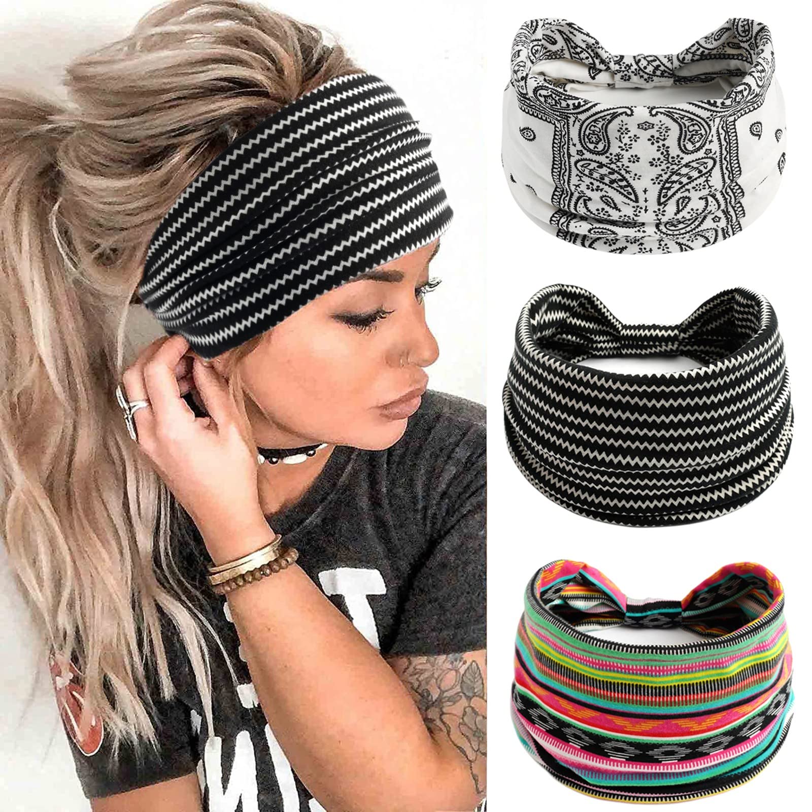 8 Fasce Per Capelli Floreali In Chiffon, Morbide E Larghe, Boho Chic, Multicolore (rosa, Verde, Blu, Nero), Per Donna E Ragazza - 2