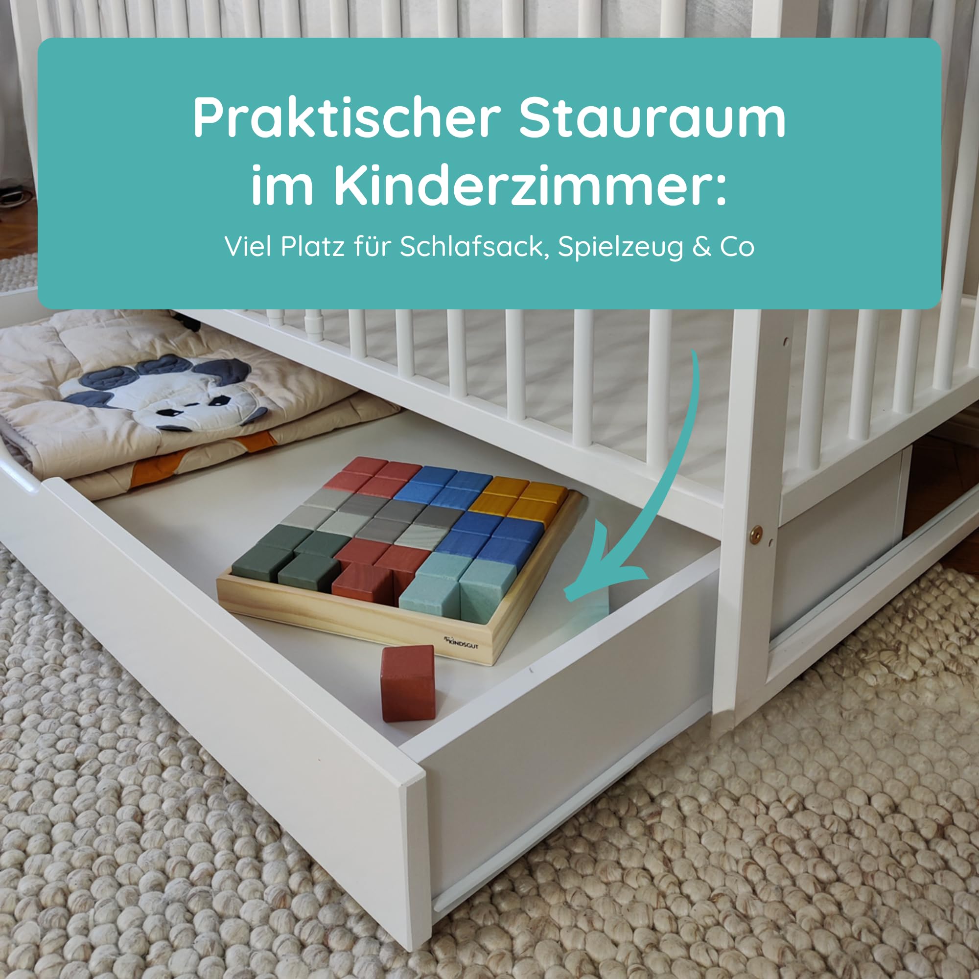Kids Collective Babybett Kinderbett 60x120 cm Gitterbett Baby Bett Komplett-Set Beistellbett mitwachsend, Lattenrost höhenverstellbar mit abnehmbaren Sprossen, mit Schublade | Kiefer-Vollholz | weiß