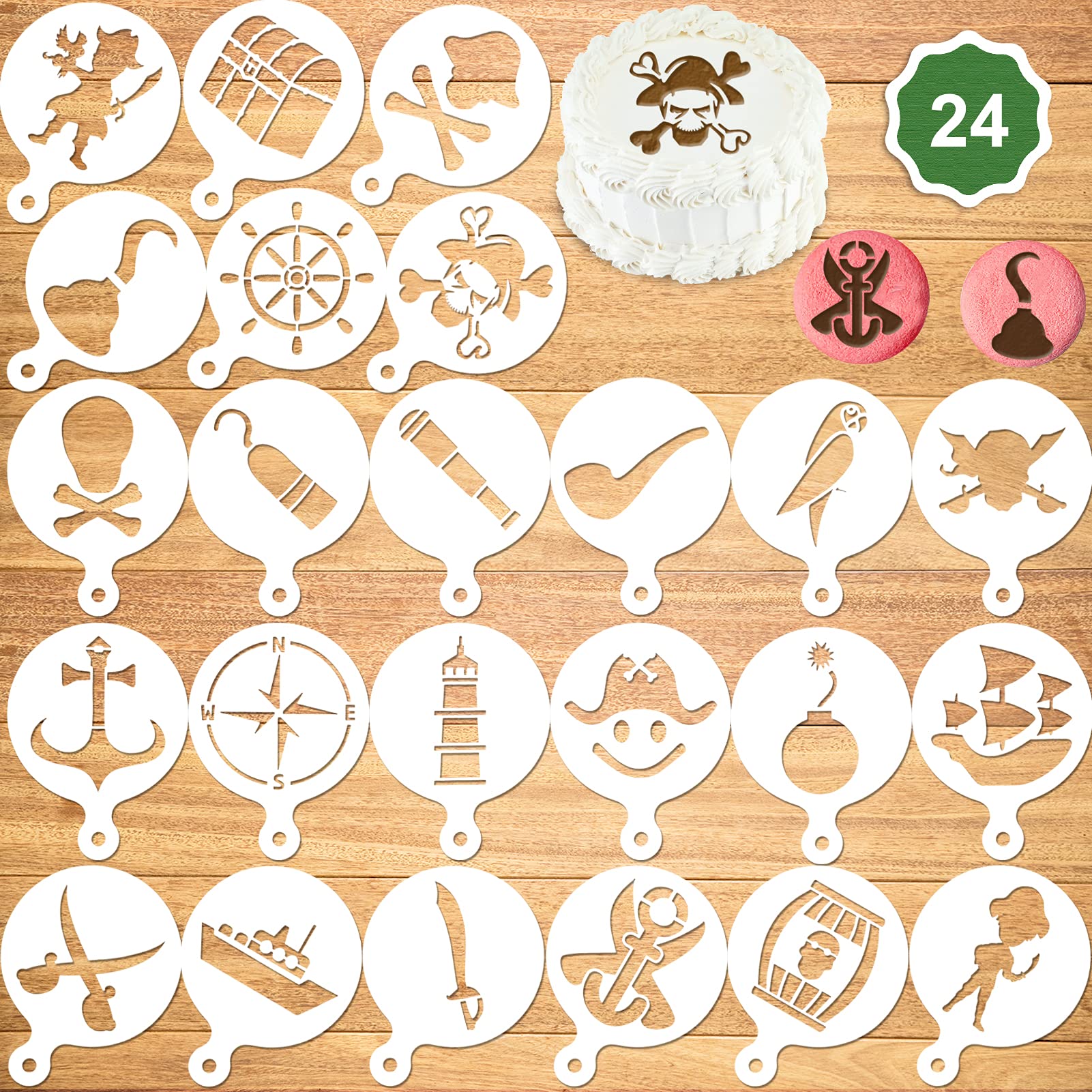 Konsait 24Pack Pirate Cake Stencil Templates Decoration, Reusable Skull Cannon Jake Captain Cake Cookies Baking Painting Mold Tools, Dessert, Coffee Decorating Molds Cappuccino Mousse Hot Chocolate