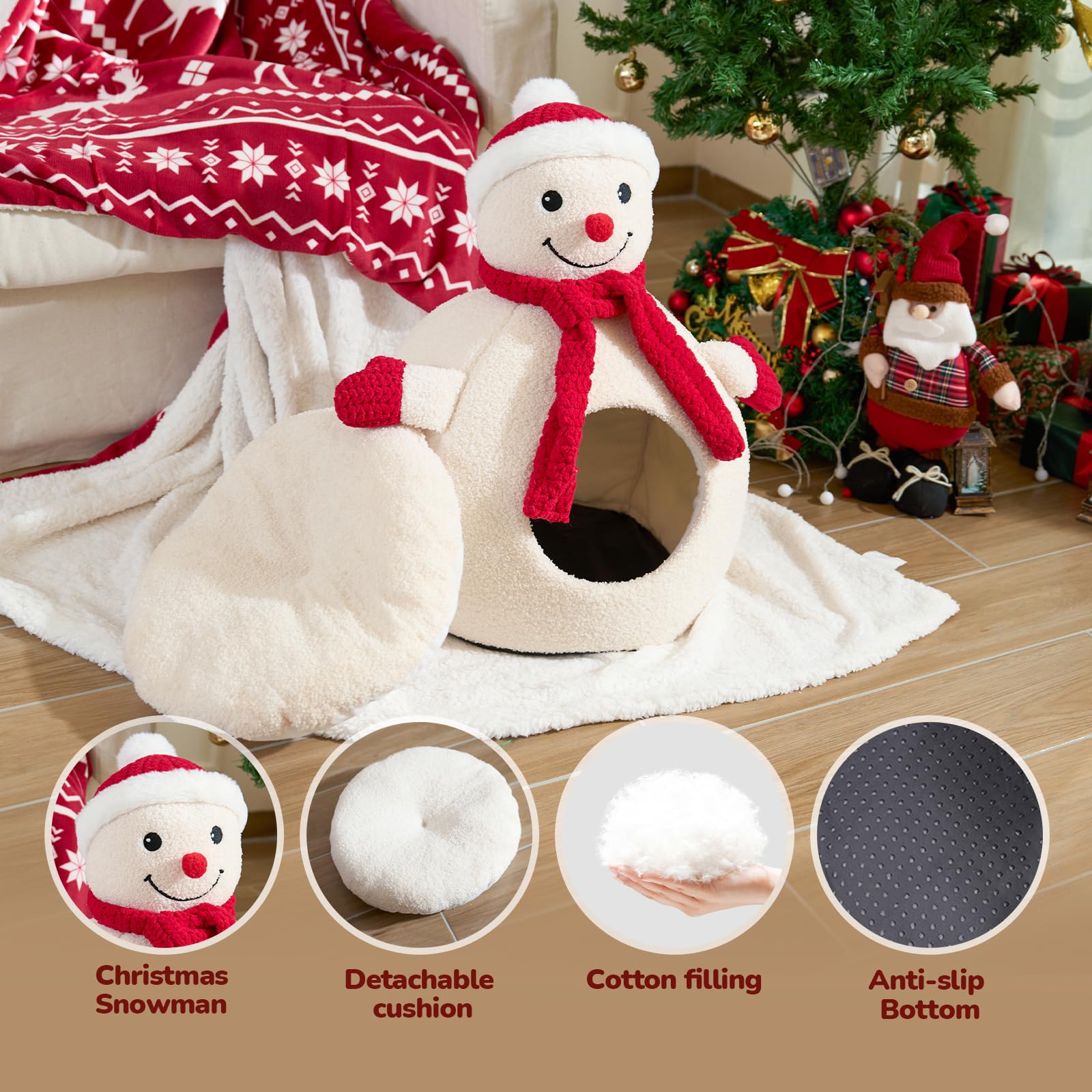 CATISM Christmas Cat Bed for Indoor Cats, Cute Snowman Cat House with Warm Cushions, Funny Teddy Fleece Cat Bed Cave for Small Middle Cats and Dogs, White (16 * 16 * 22 Inches)