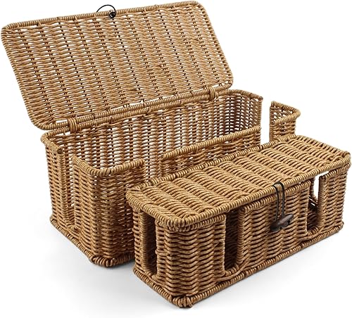 Paquete de 2 cajas de gestión de cables de ratán, caja organizadora de cables grande con tapa, enrutador debajo del escritorio, caja de