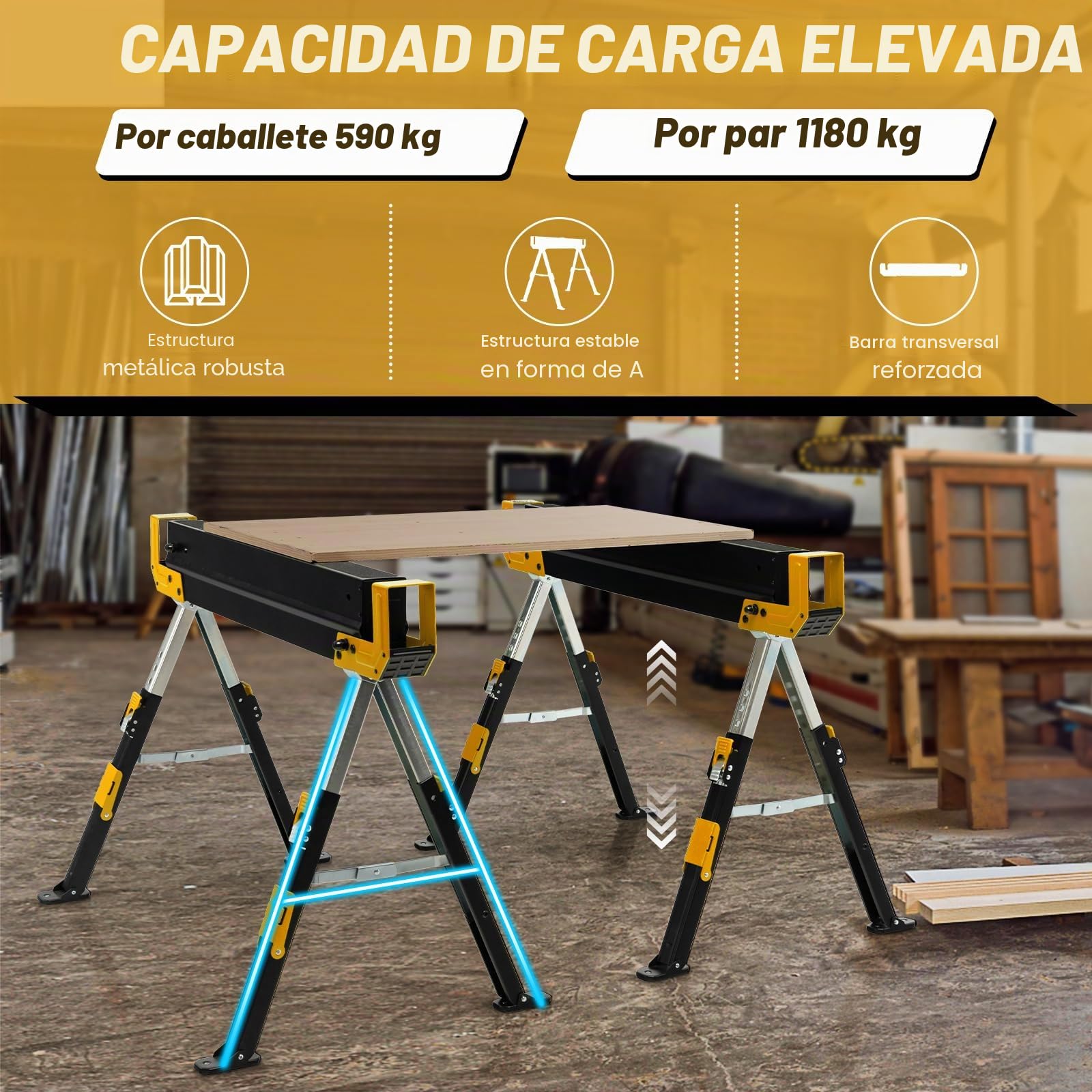 GOPLUS Juego de 2 caballetes de sierra plegables, caballetes de sierra de acero con 9 niveles de altura ajustable, asas de transporte, pie antideslizante, carga 1180 kg para garaje, casa (Amarillo+