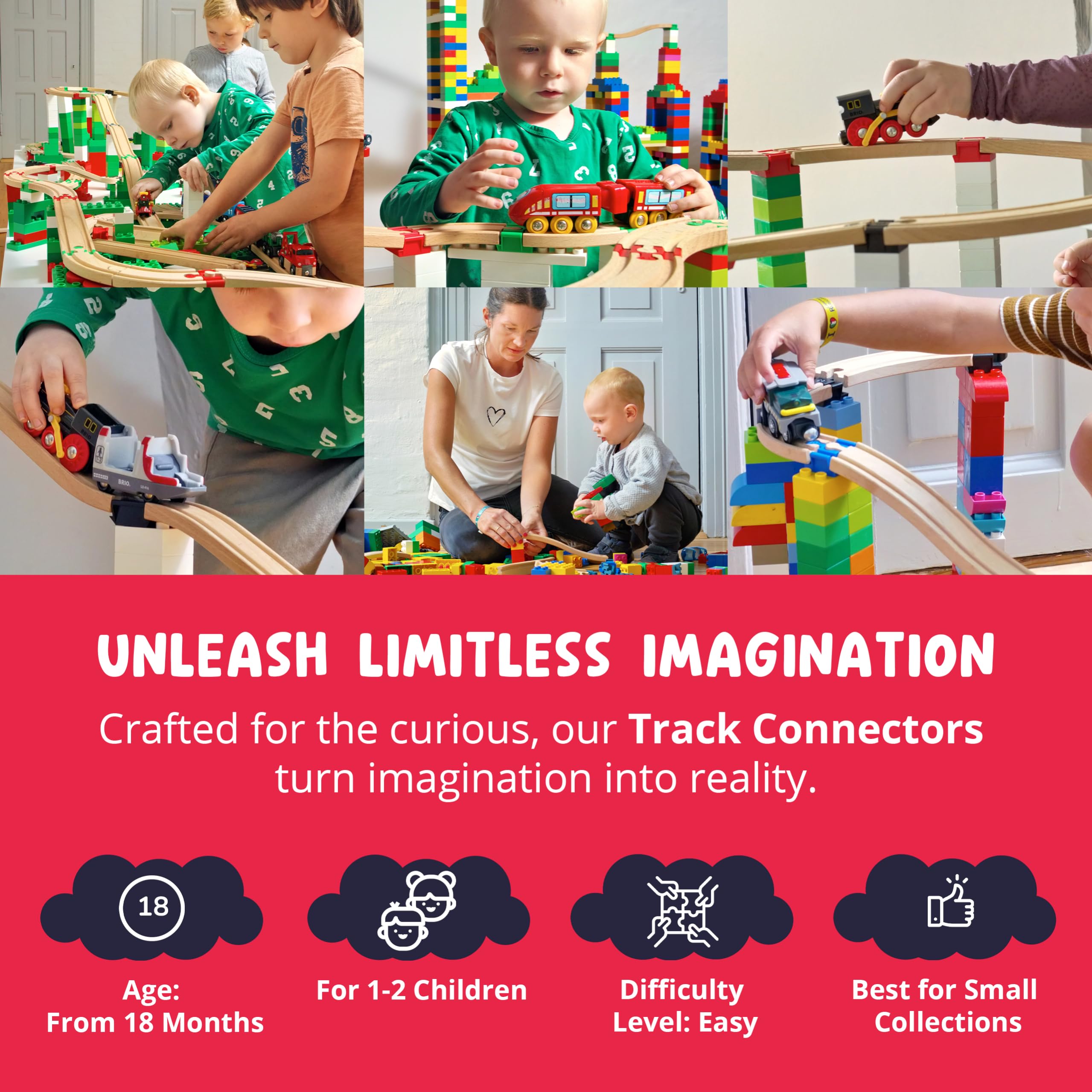 TOY2 Basic Building Kit | 8 Train Track Connectors Toys Compatible with Brio & Lego Duplo | Kit with Rail Connectors | Durable Wooden Rail Connector Set