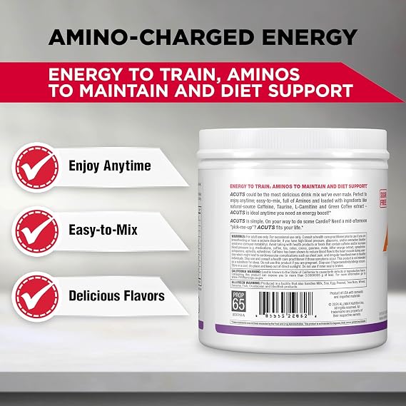 ALLMAX ACUTS Amino Energy Powder with Amino Acids Supplement Grape, 30 Servings, Caffeine, Green Coffee Extract, 2000 mg Taurine, L-Carnitine, Sugar Free, Gluten & Dye Free, Amino Acid Drink