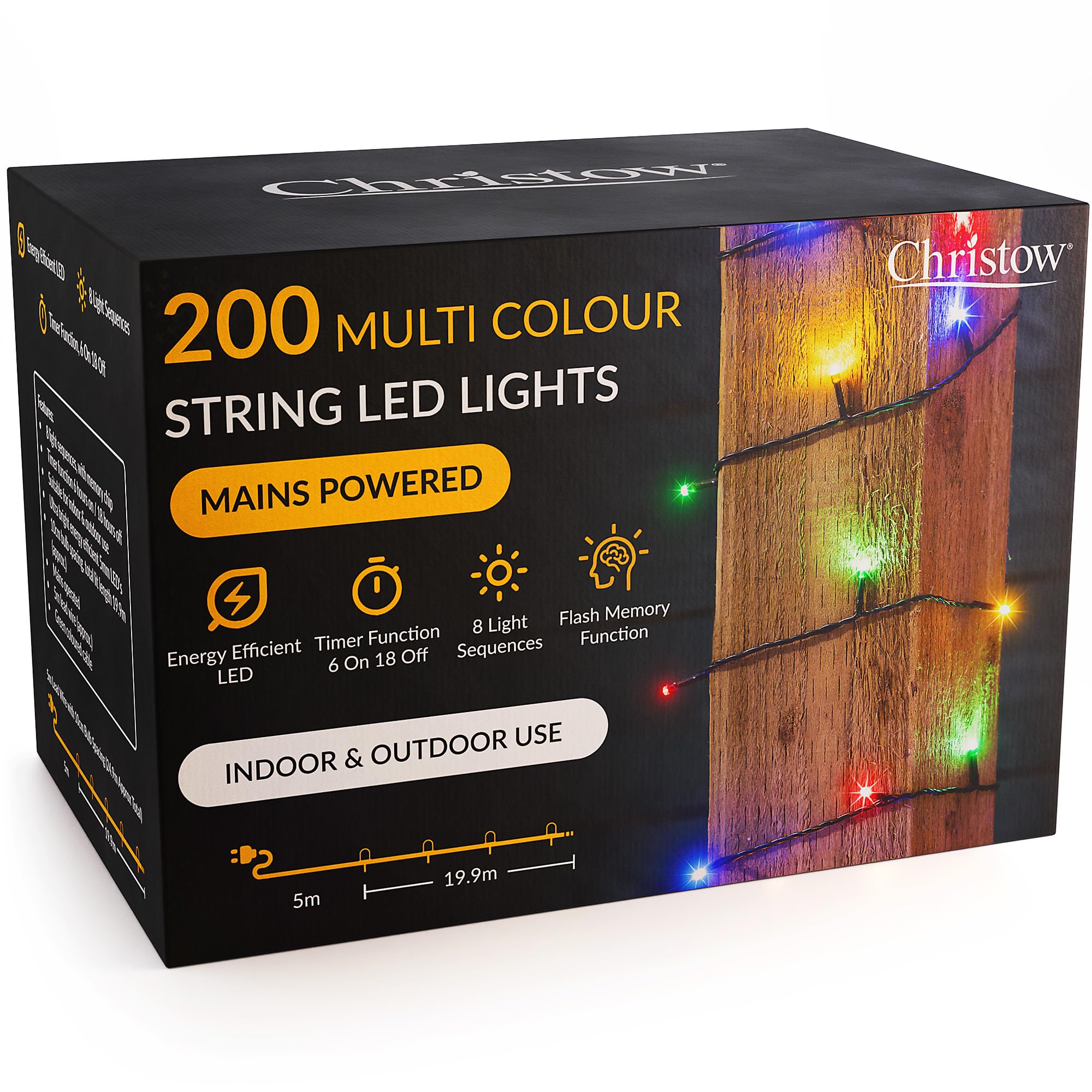 Christow Multi Coloured Christmas Fairy Lights, Multi-Coloured Led String Lighting With Timer, Indoor & Outdoor, Tree Lights, Mains Operated, 8 Light Modes Flashing & Static, Green Cable (200 Led / 20M Lit Length)