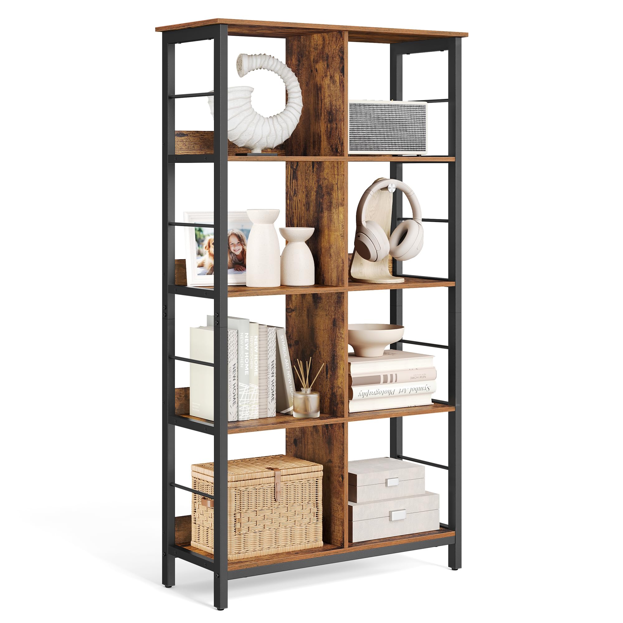VASAGLE 8 Compartments Bookcase, Bookcase, Open Storage Unit, for Office, Living Room, Bedroom, 80 x 33 x 149 cm, Industrial Style, Rustic Brown and Black LLS105B01
