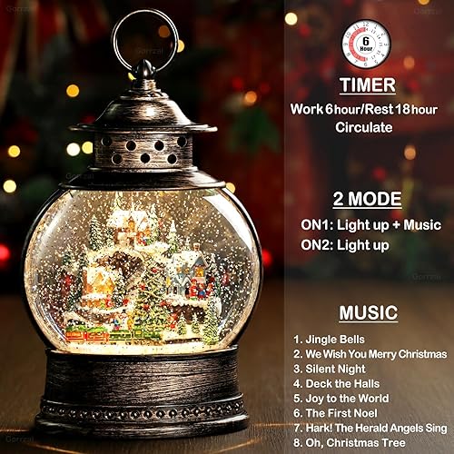 Miniatura 4 de Village - Linterna navideña de globo de nieve de 12 pulgadas, decoración de Navidad iluminada para interiores con temporizador de música, purpurina,