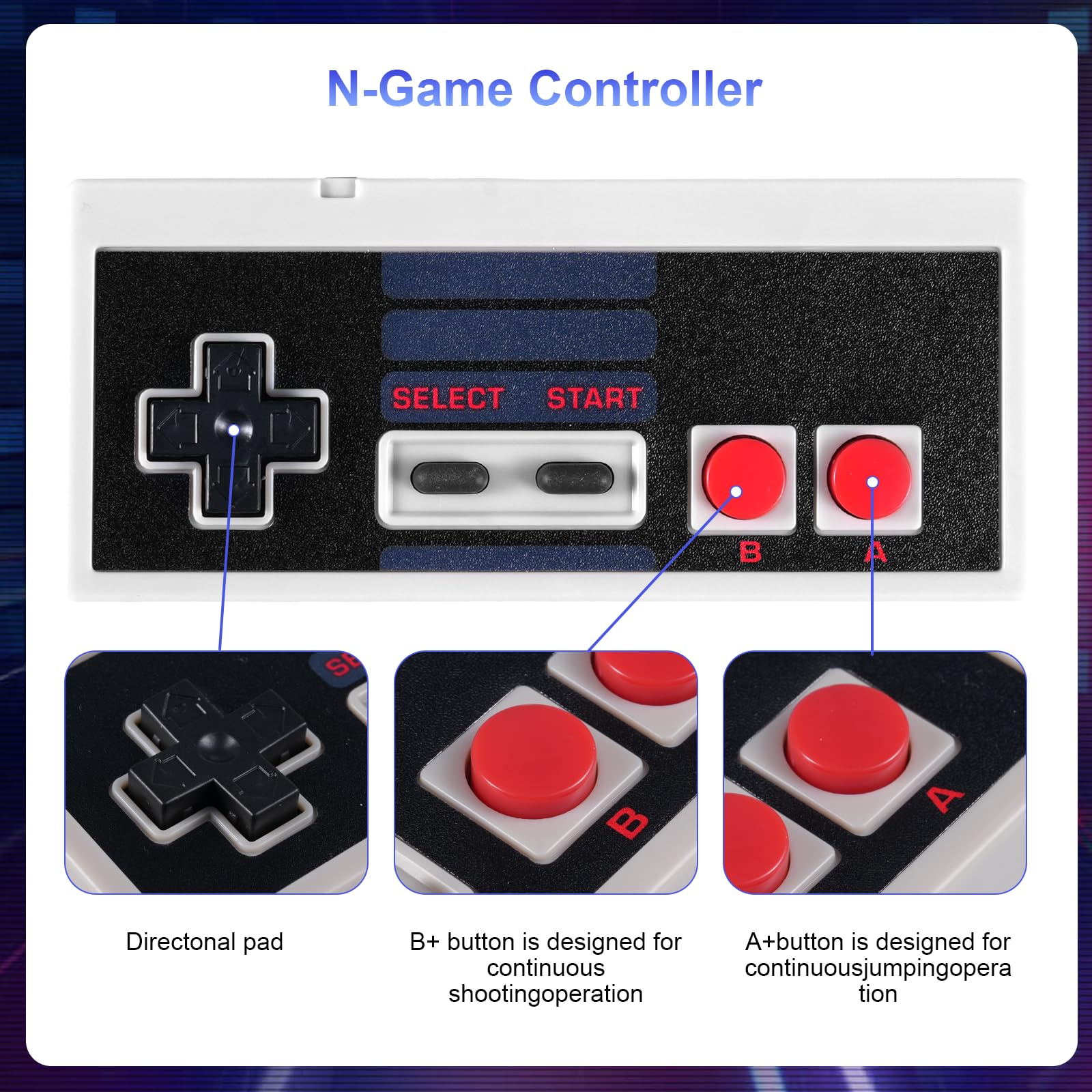 Binghe NES Game Controller, Controlador de juegos NES con USB Interfaz Modelo clásico Compatible con Nintendo NES/PC/M-A-C/Raspberry Pi 3(2 Piezas) - 3