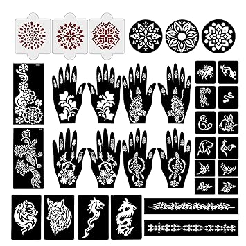 Ivana's Set of 34 Pcs Reusable Mehandi Stencils for Hands, Wrist, Body, Back, Neck, Face Combo Pack Stencils for Women, Girls And Kids, Easy To Use In Just 4 Steps Indian Design Collection, A2059