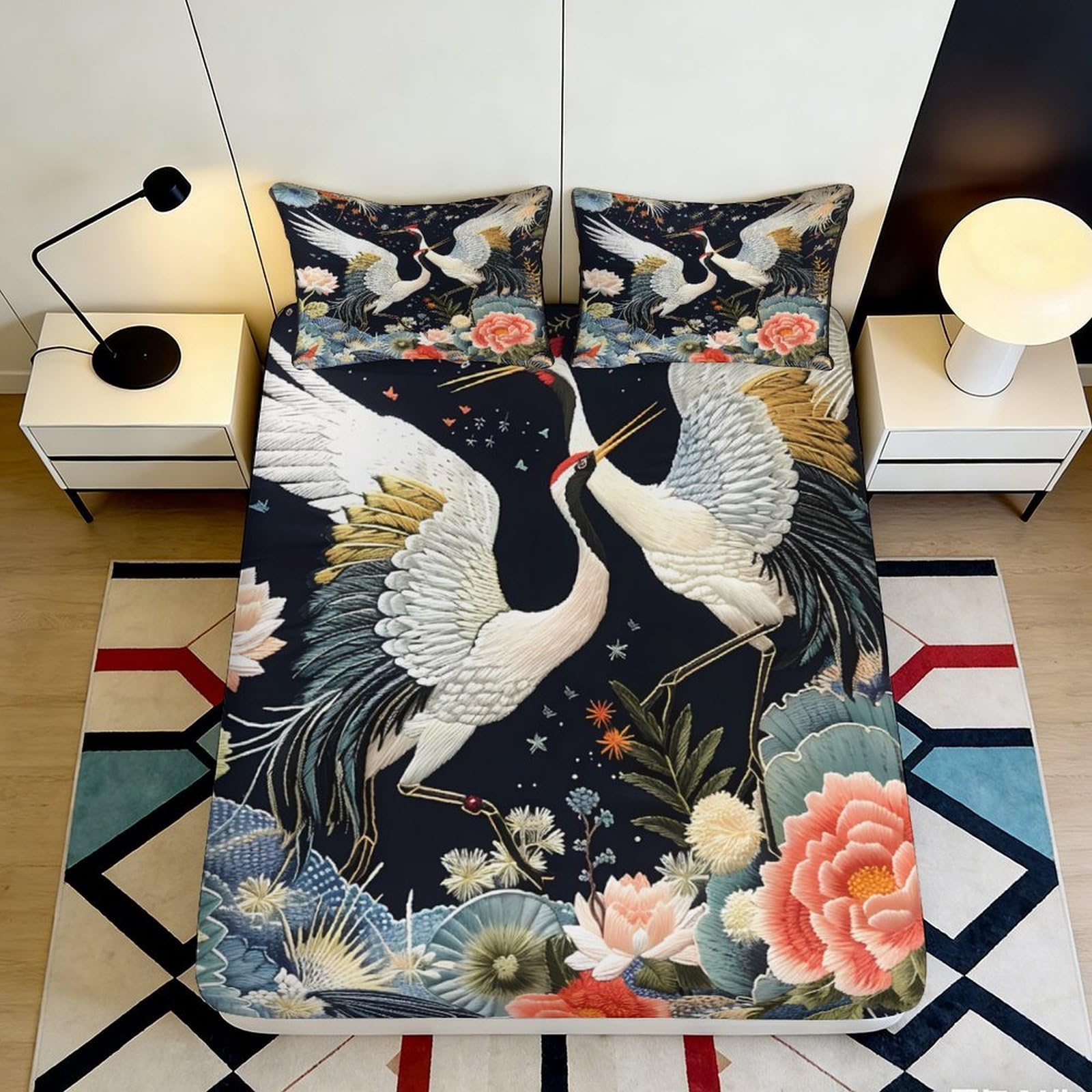 3D Printed Crane Pattern Fitted Sheet Microfiber Soft Breathable Floral Design Mattress Cover for Bedroom Dormitory Guest Room Mattress Protection 120x200x25cm